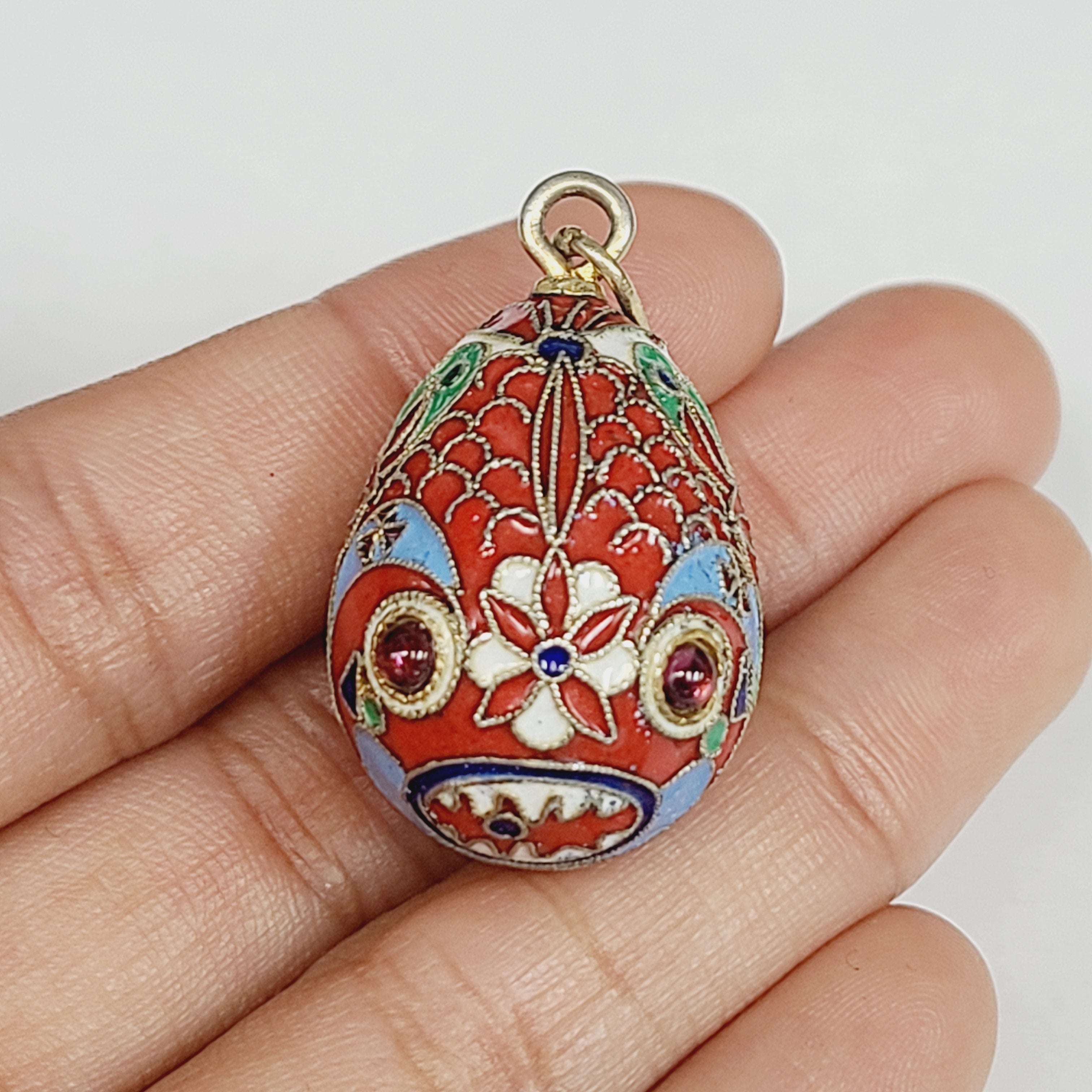 Russian Enamel Egg with Garnet in Sterling Silver