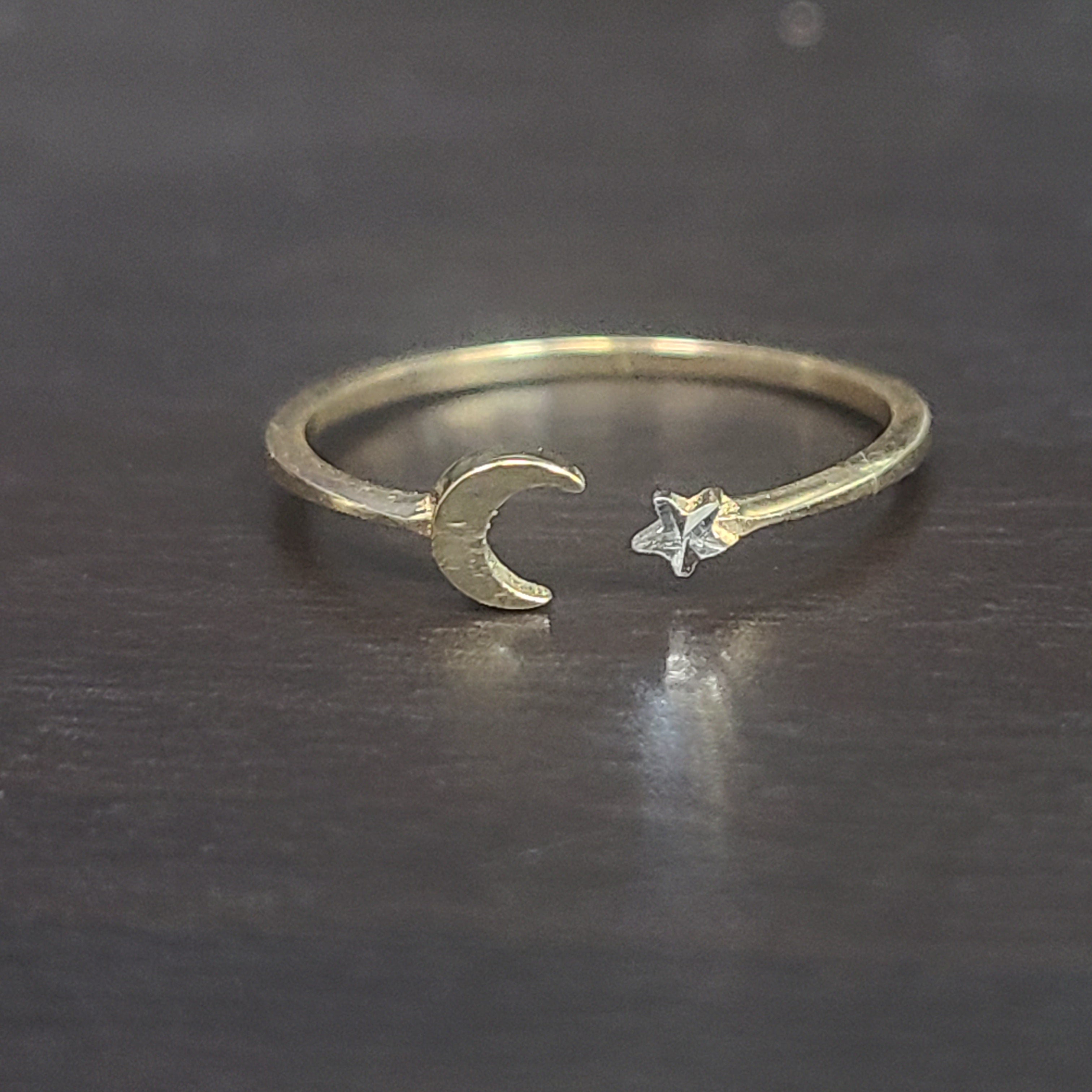 Solid 14K Yellow Gold Star Moon Adjustable Ring