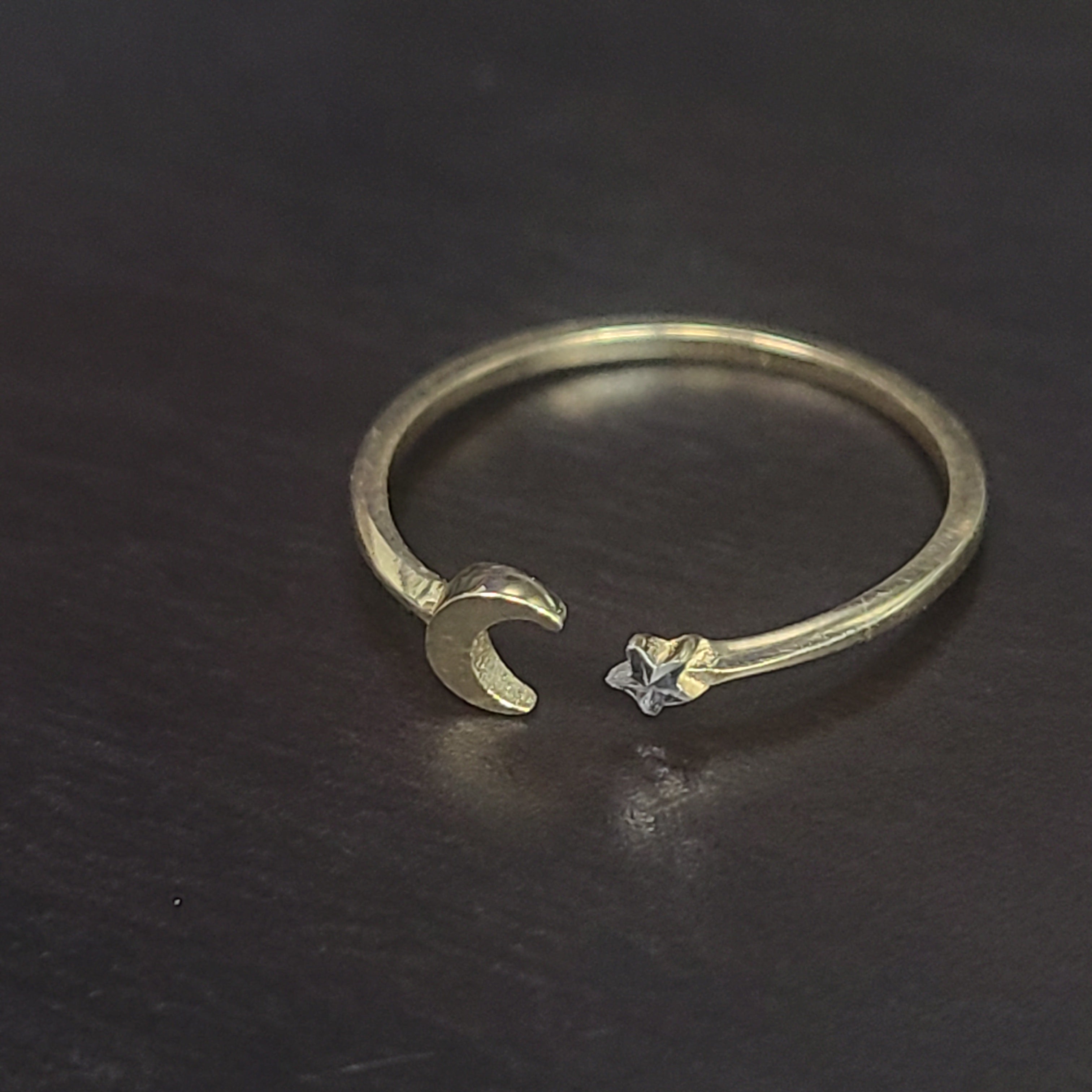 Solid 14K Yellow Gold Star Moon Adjustable Ring