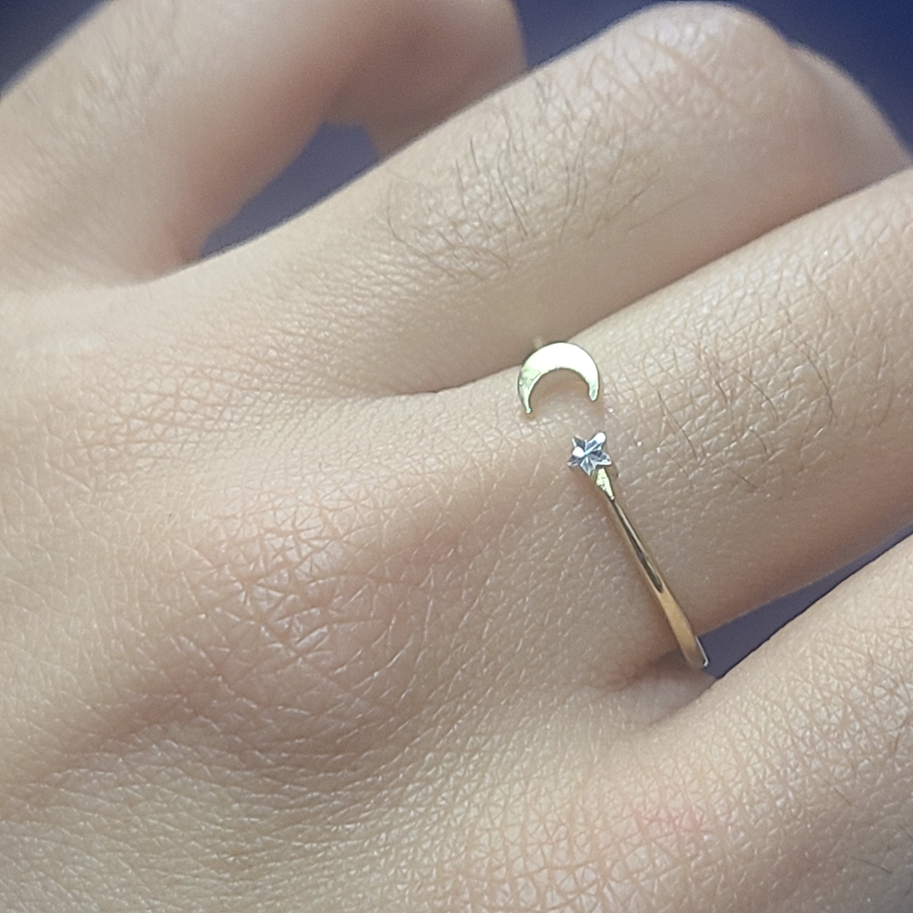 Solid 14K Yellow Gold Star Moon Adjustable Ring