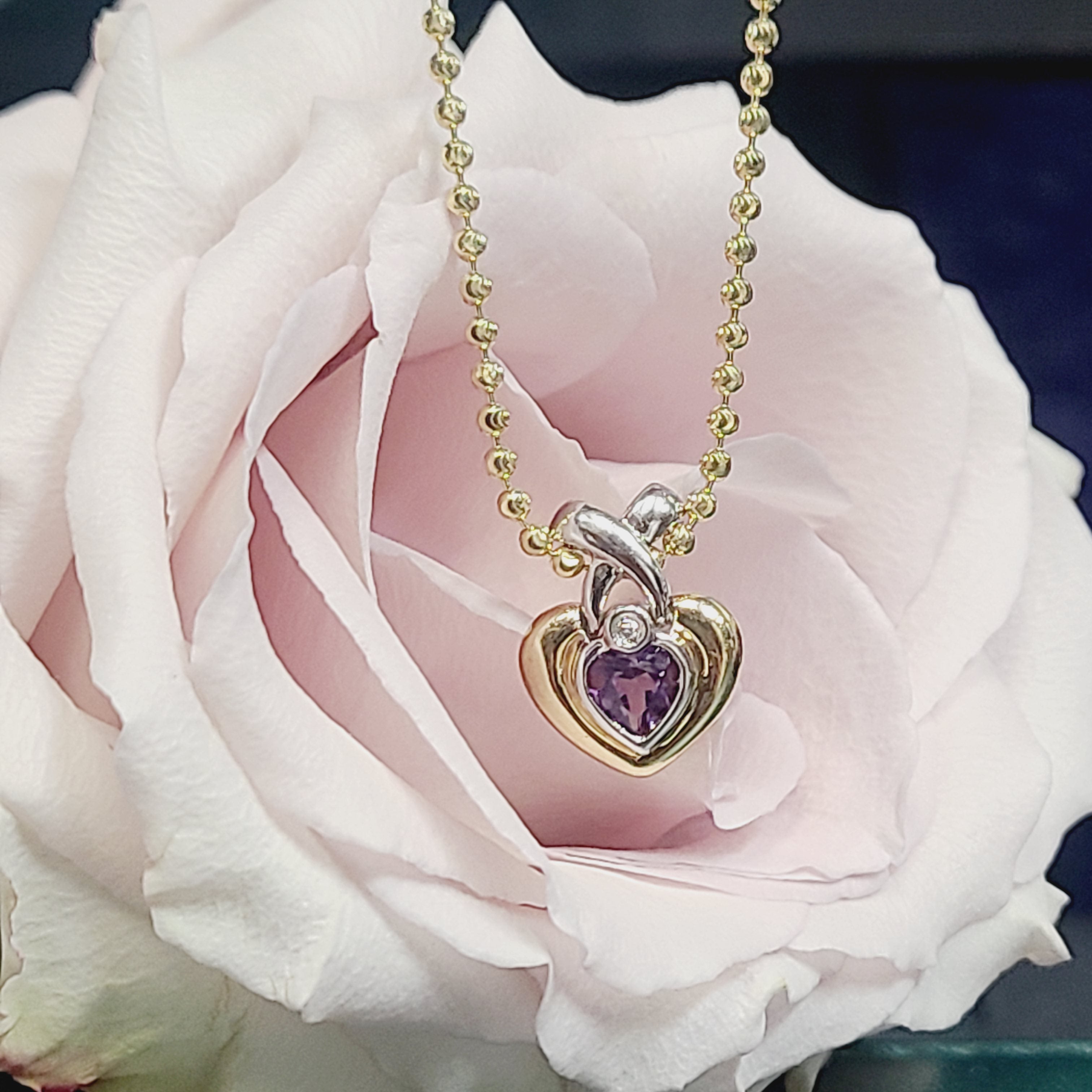 14K Two Tone Amethyst & Diamond Heart Pendant