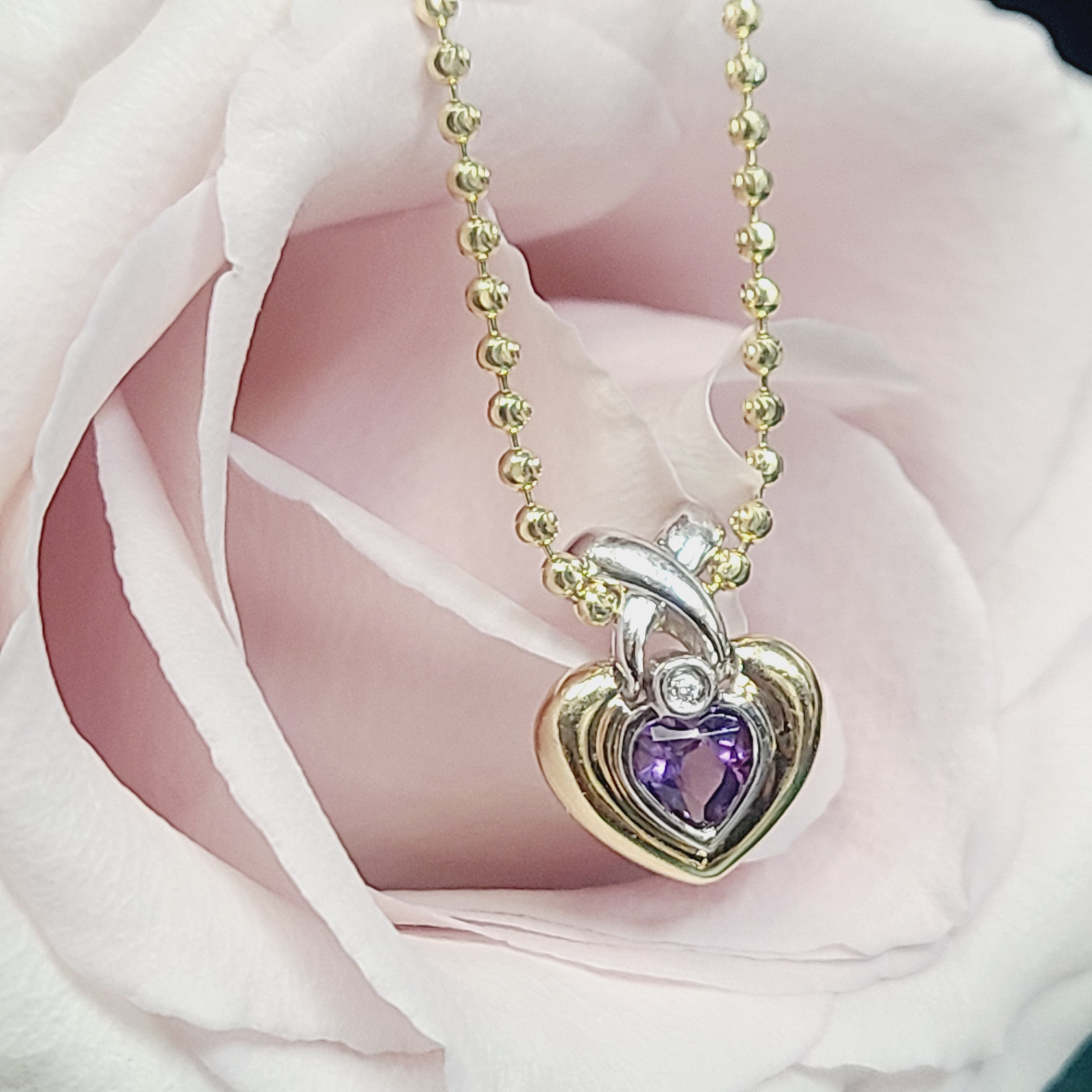 14K Two Tone Amethyst & Diamond Heart Pendant