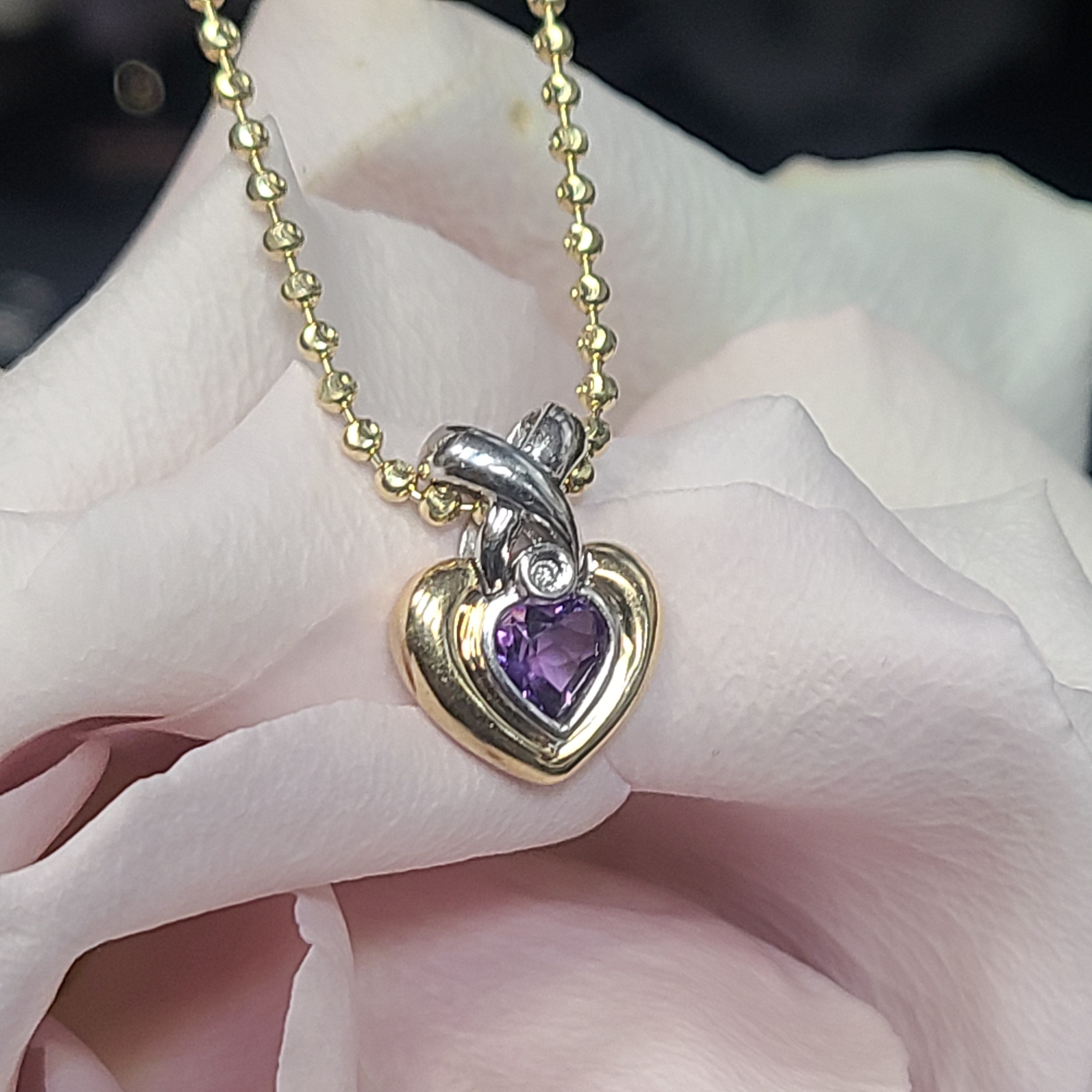 14K Two Tone Amethyst & Diamond Heart Pendant