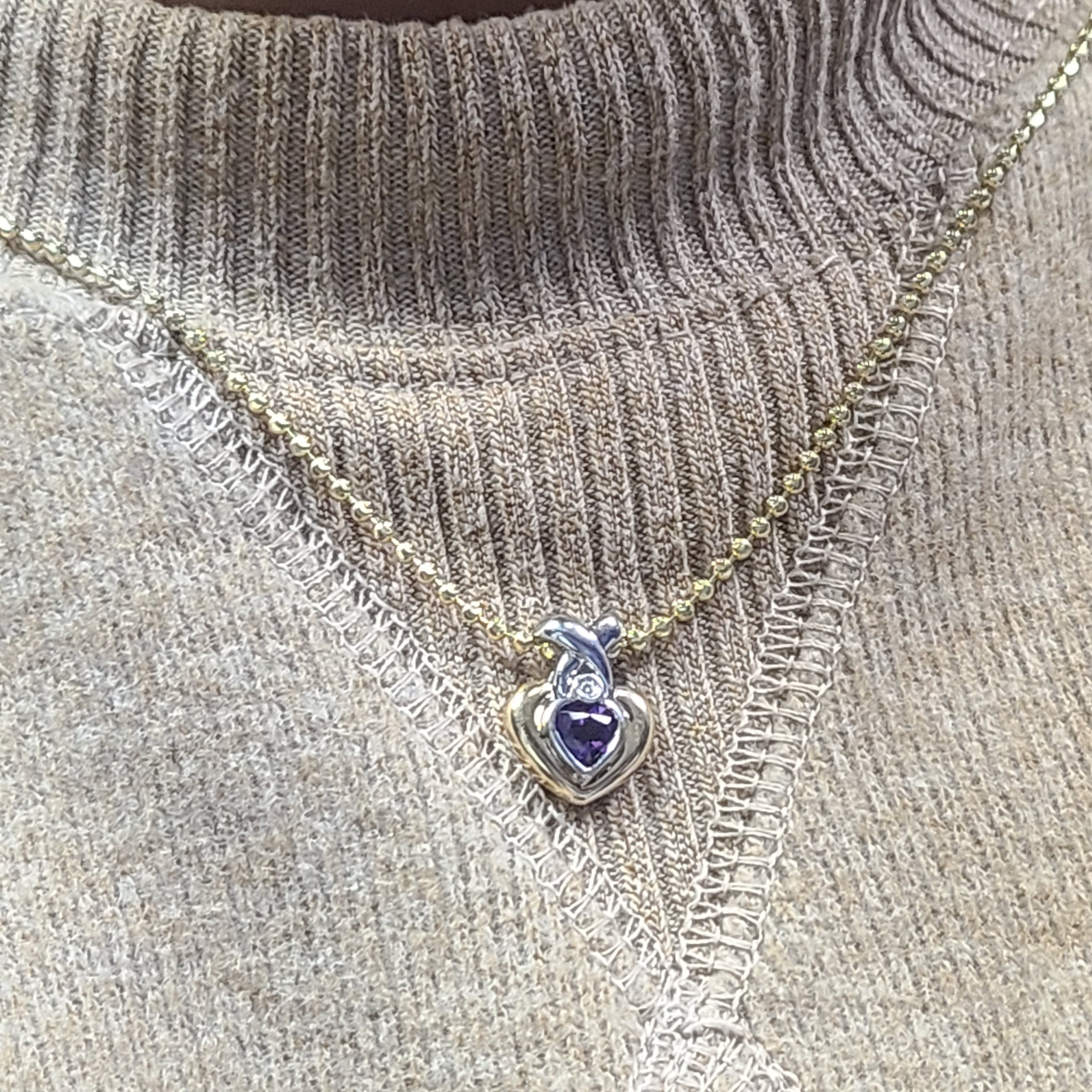 14K Two Tone Amethyst & Diamond Heart Pendant