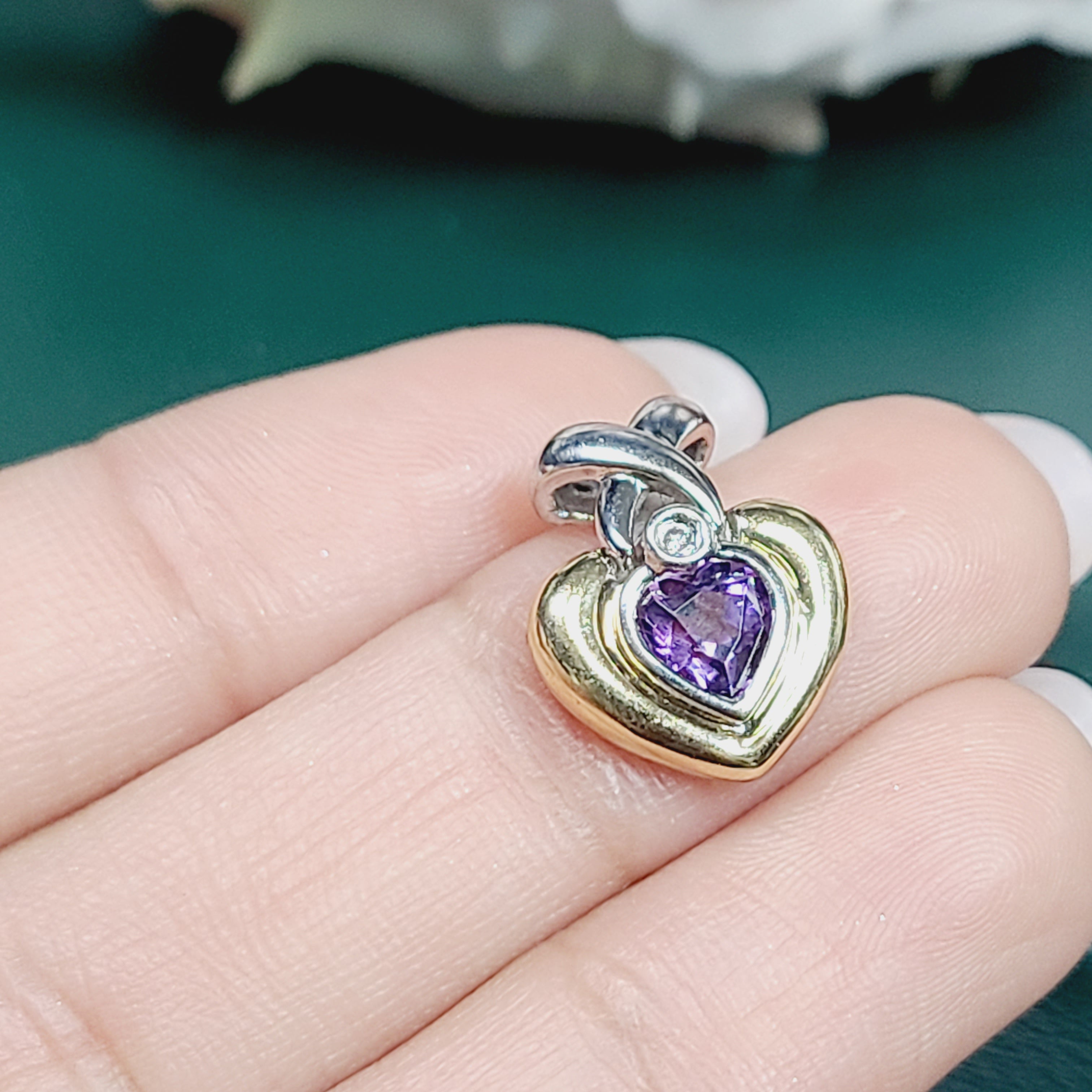 14K Two Tone Amethyst & Diamond Heart Pendant