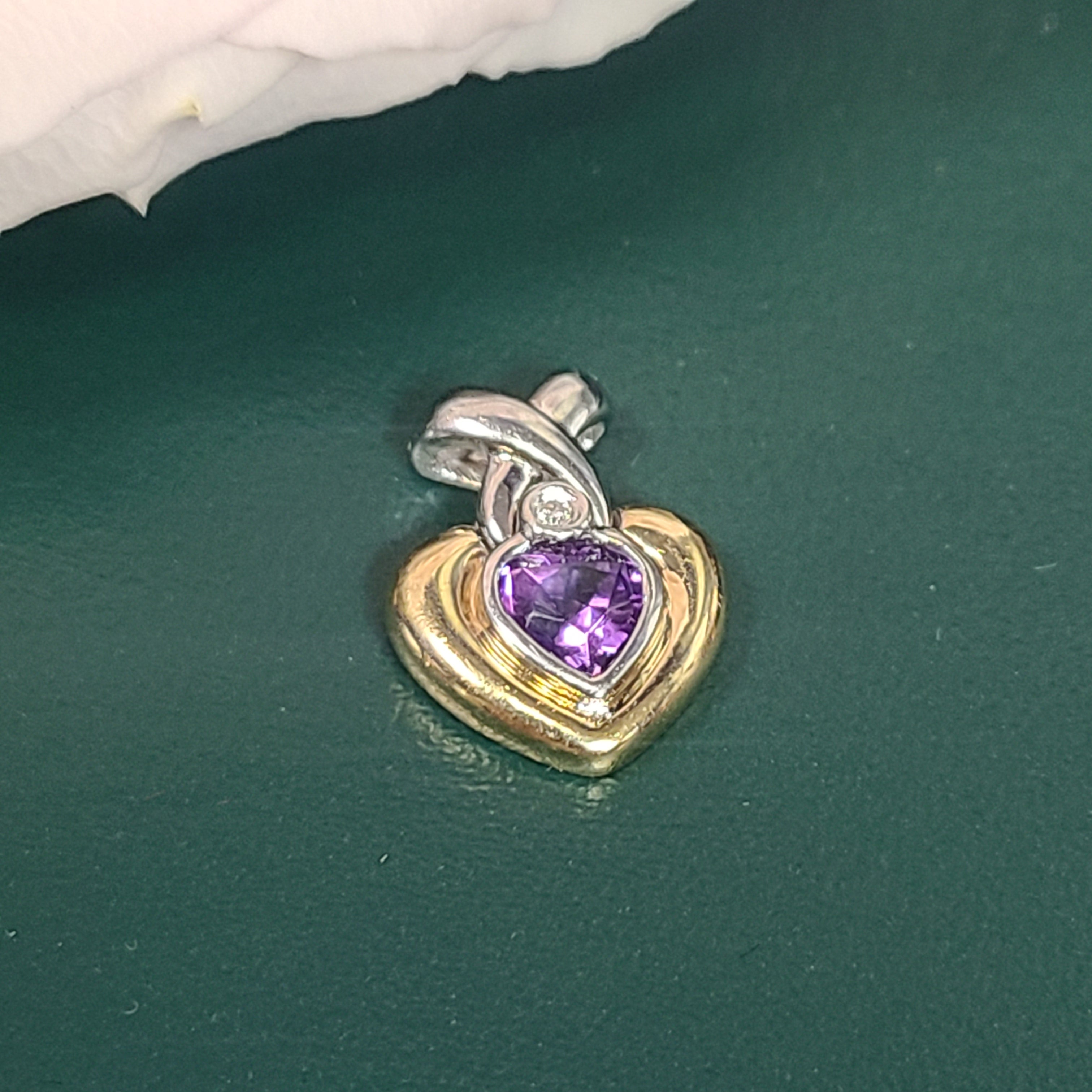 14K Two Tone Amethyst & Diamond Heart Pendant