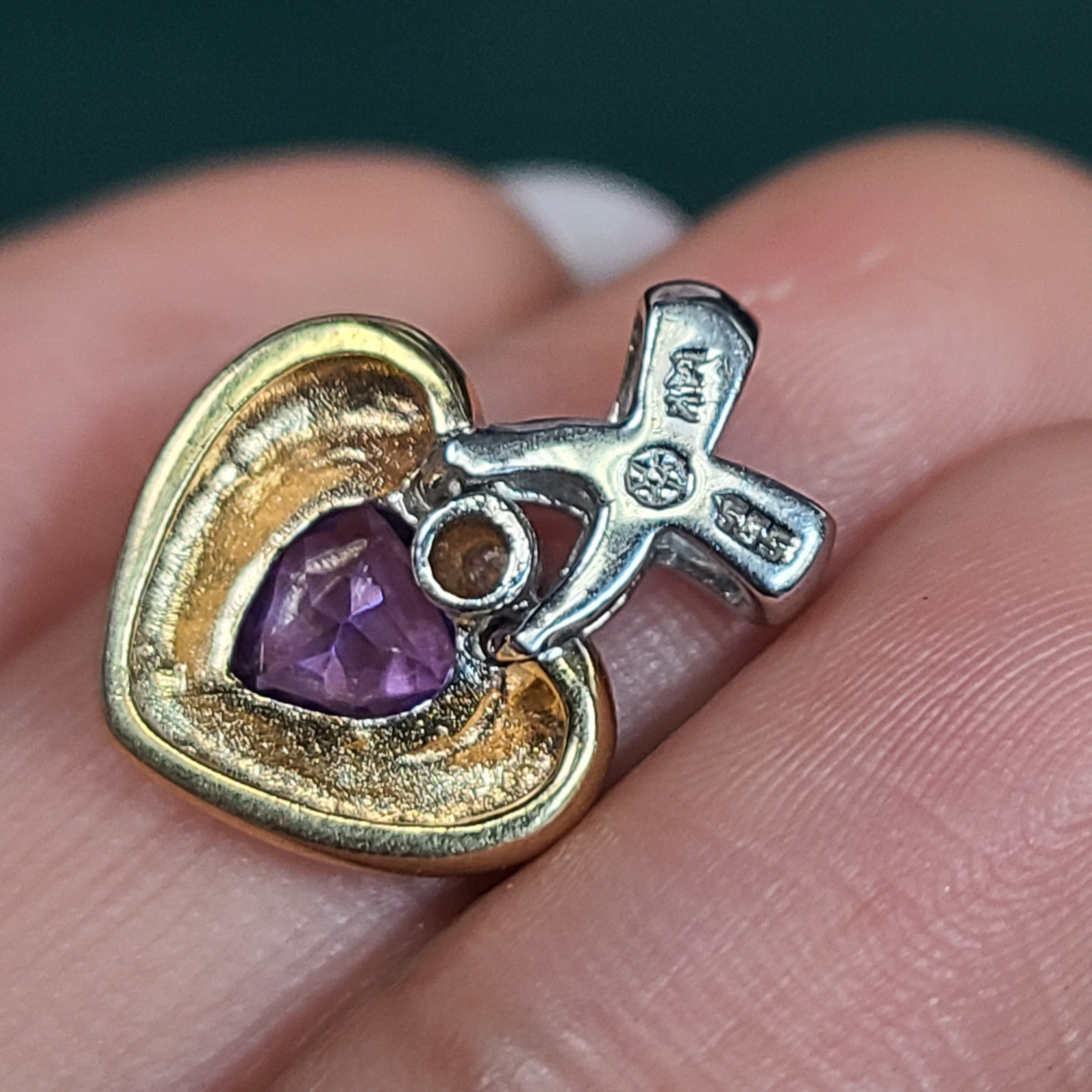 14K Two Tone Amethyst & Diamond Heart Pendant