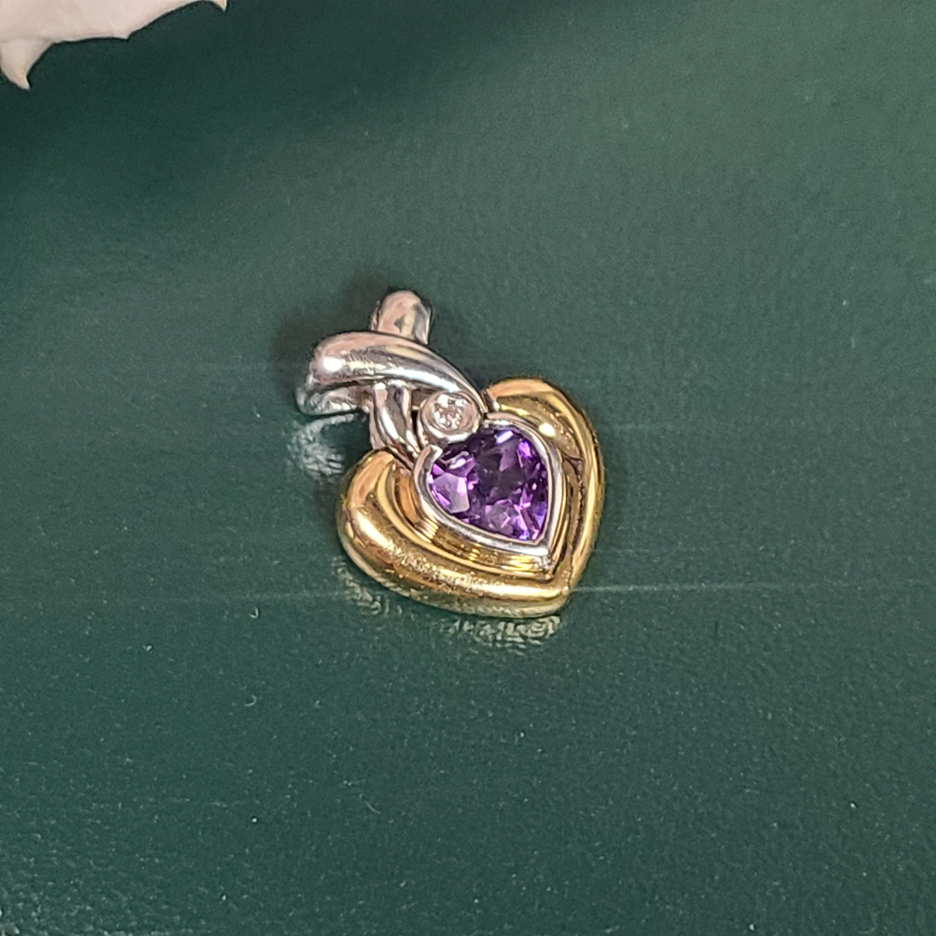 14K Two Tone Amethyst & Diamond Heart Pendant