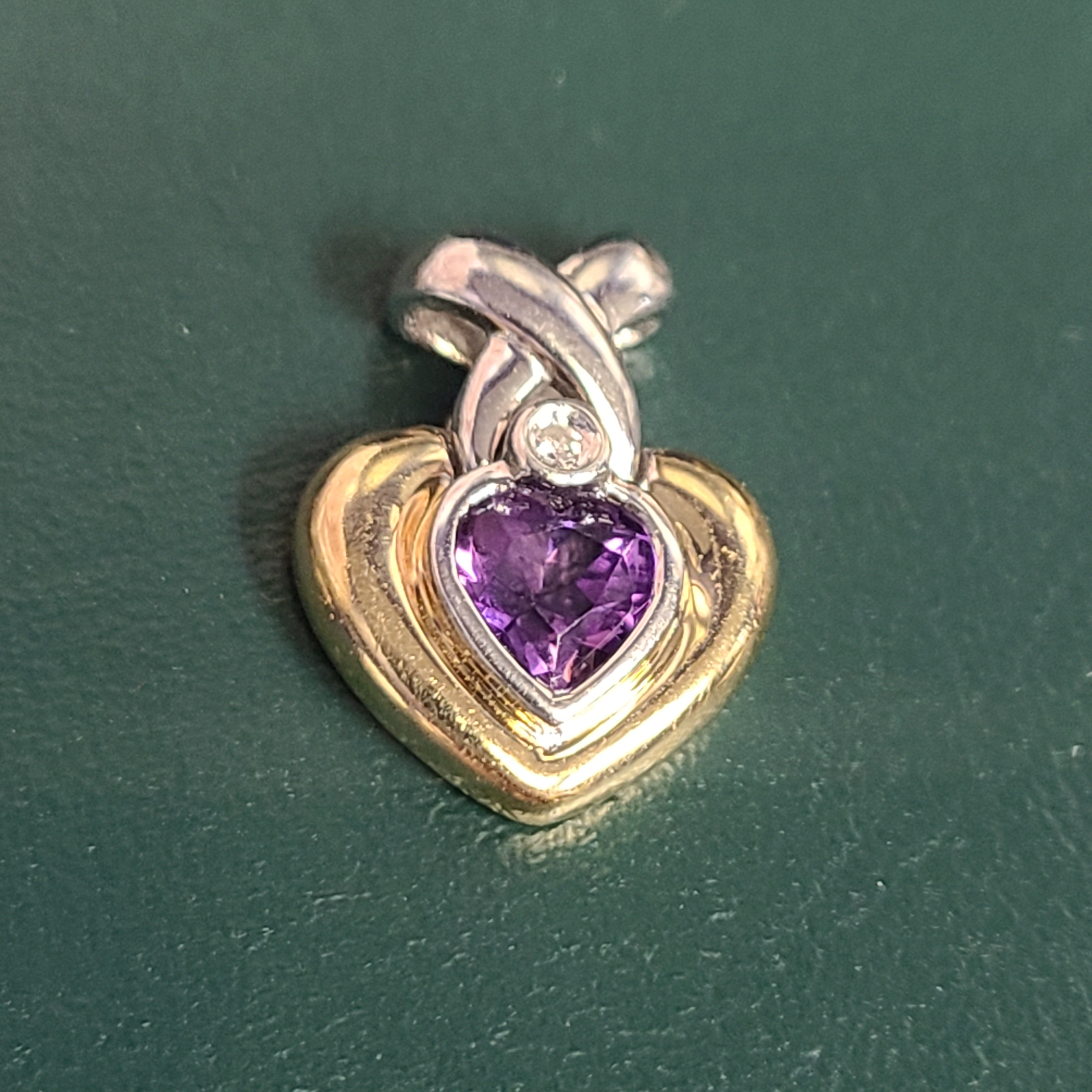 14K Two Tone Amethyst & Diamond Heart Pendant