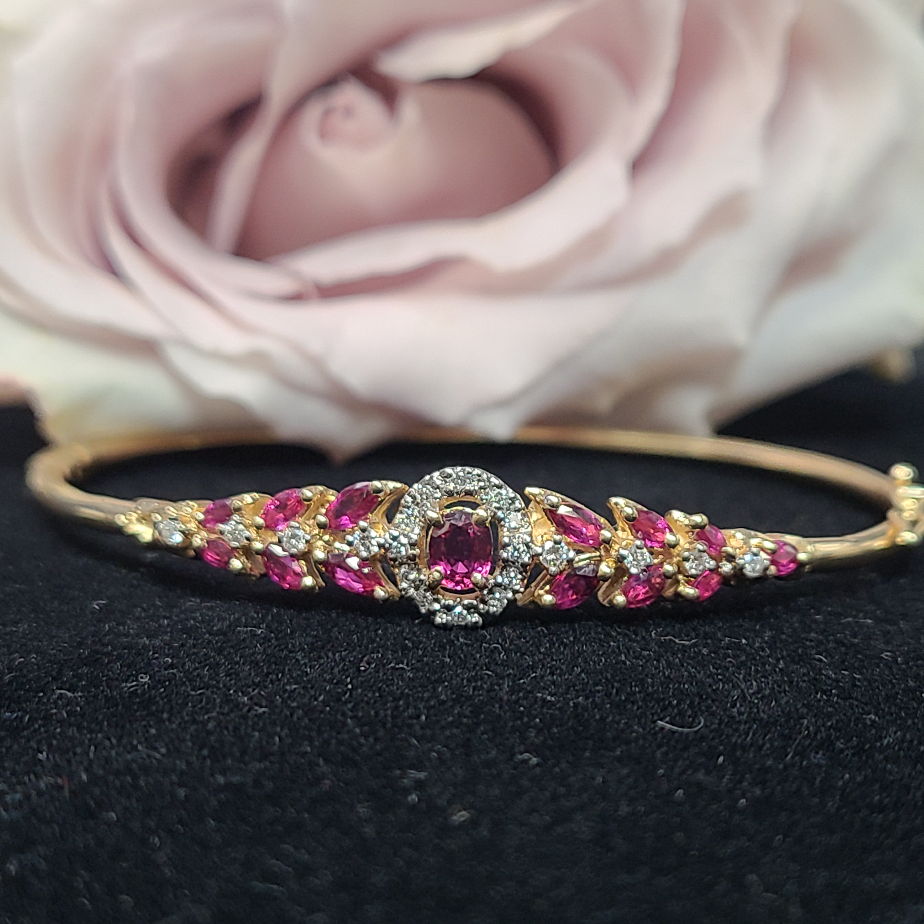 14K Yellow Gold Natural Ruby & Diamond Cuff Bangle