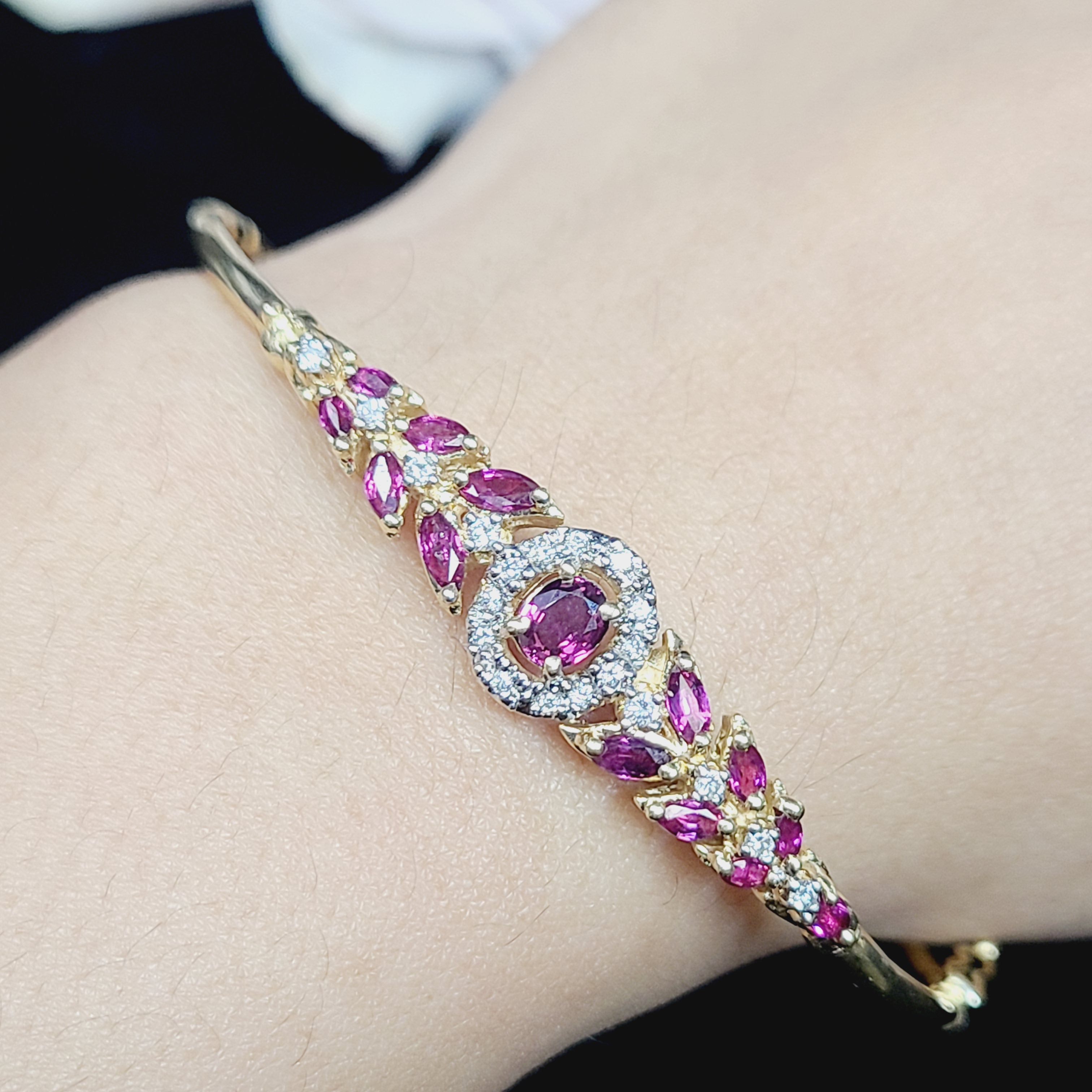 14K Yellow Gold Natural Ruby & Diamond Cuff Bangle