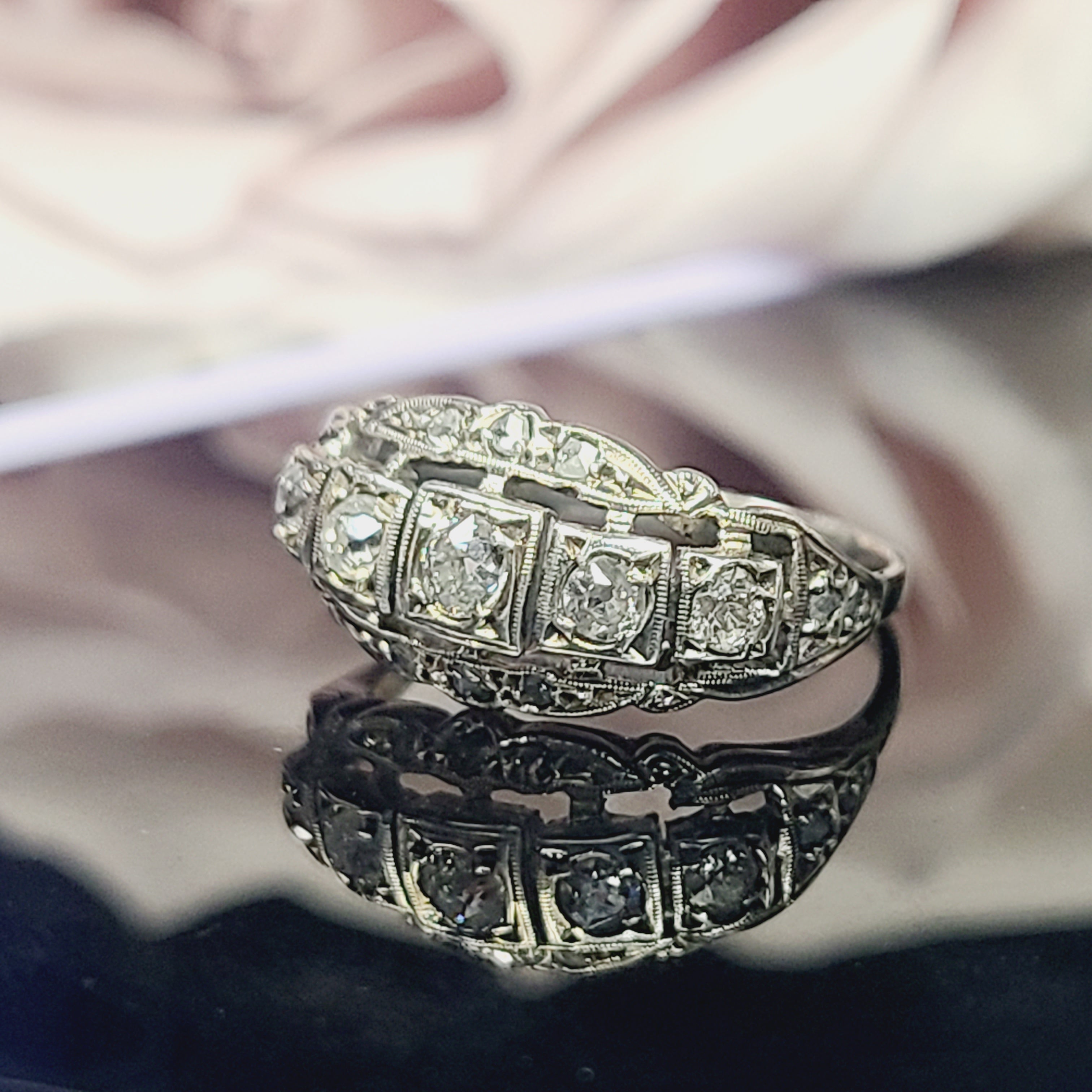 14K White Gold Antique Diamond Ring Size 5.75