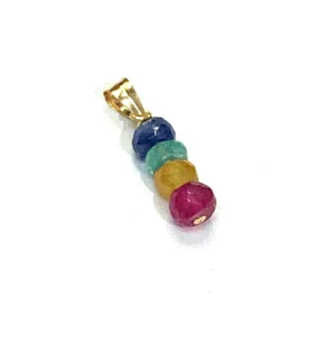 Natural Multi Color Sapphire Ruby Emerald 14K Yellow Gold Faceted Bead Pendant