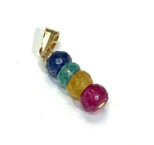 Natural Multi Color Sapphire Ruby Emerald 14K Yellow Gold Faceted Bead Pendant