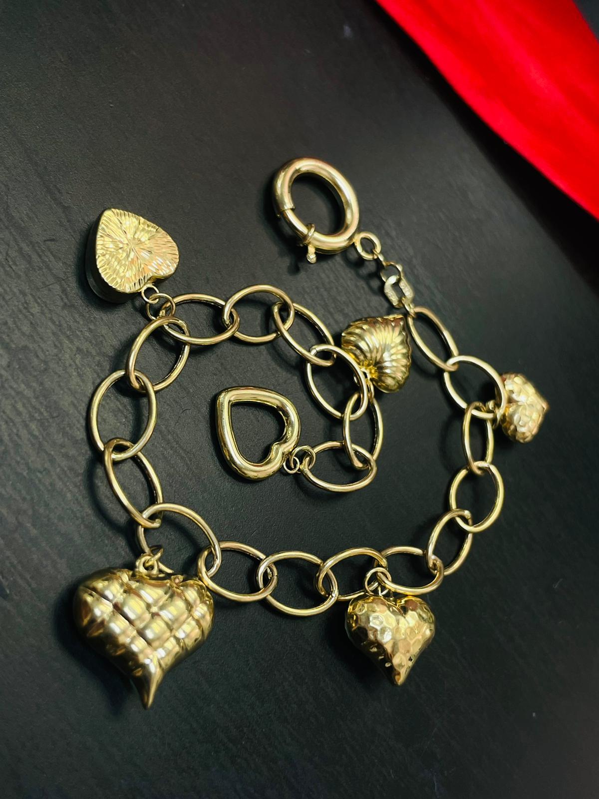 Cute Vintage Puffy Heart 6 Charm Rolo Link 14K Yellow Gold Bracelet 7.75" 5.06g