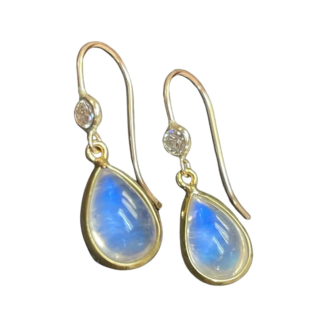14K Yellow Gold Moonstone & Diamond Dangling Earring .85"