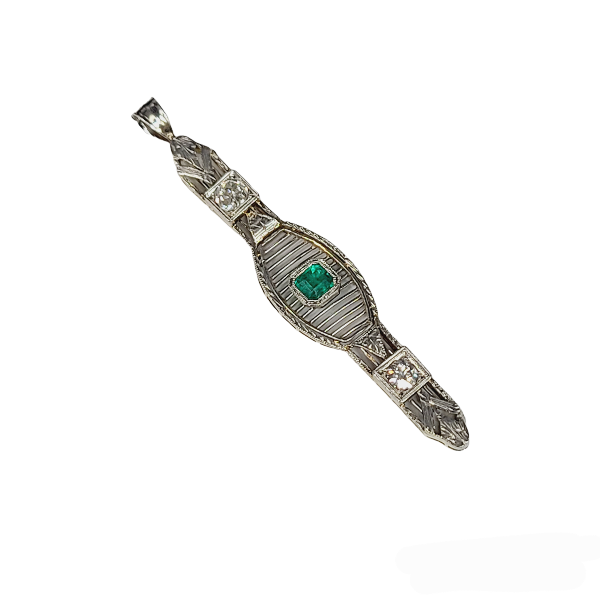 Art Deco Emerald and Diamond 14K White Gold Bar Pin Pendant