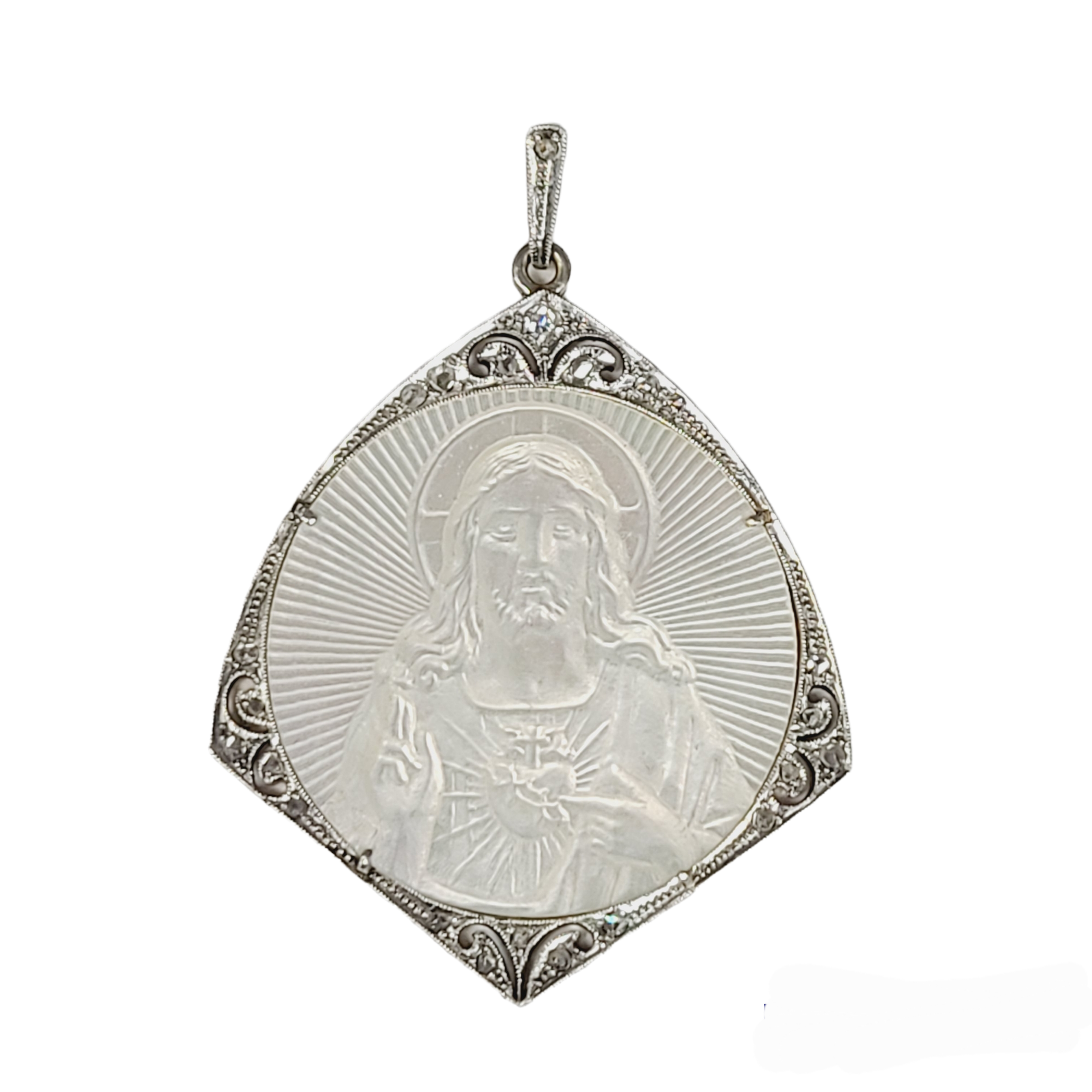 Art Deco Edwardian Platinum and 18K Gold Mother of Pearl Religious Jesus Pendant