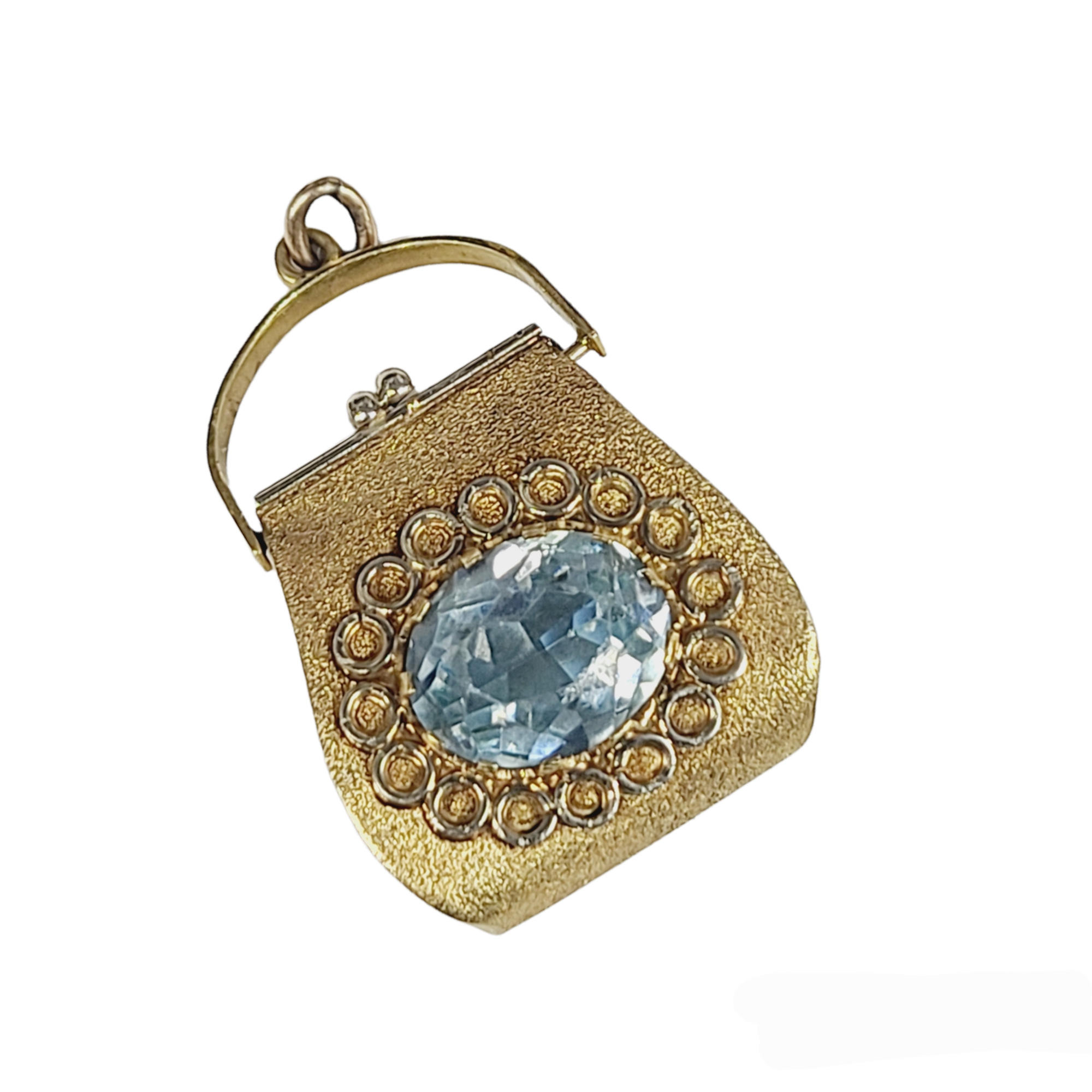Vintage 18K Yellow Gold Purse Pendant Charm with Blue Stone