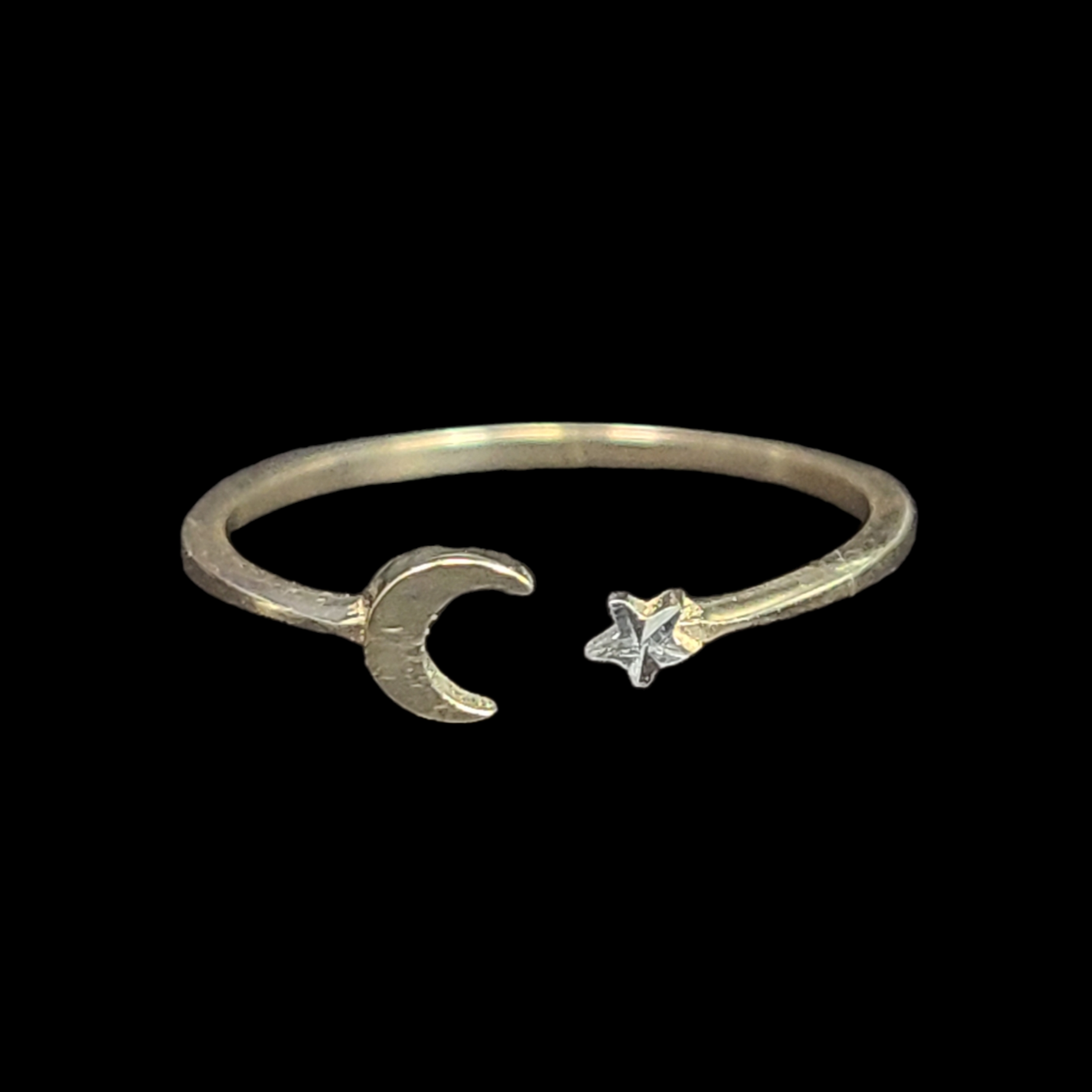 Solid 14K Yellow Gold Star Moon Adjustable Ring