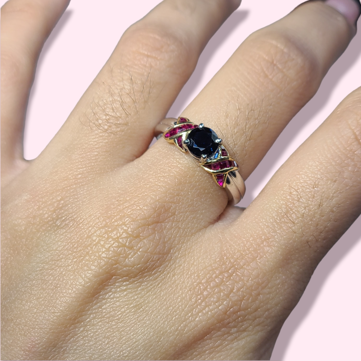 Platinum & 18K Yellow Gold Sapphire and Ruby Ring Size 6.25