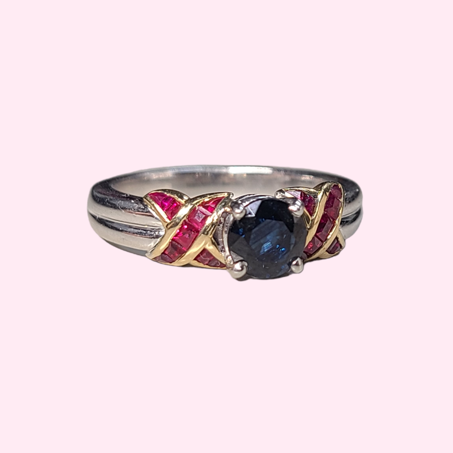 Platinum & 18K Yellow Gold Sapphire and Ruby Ring Size 6.25