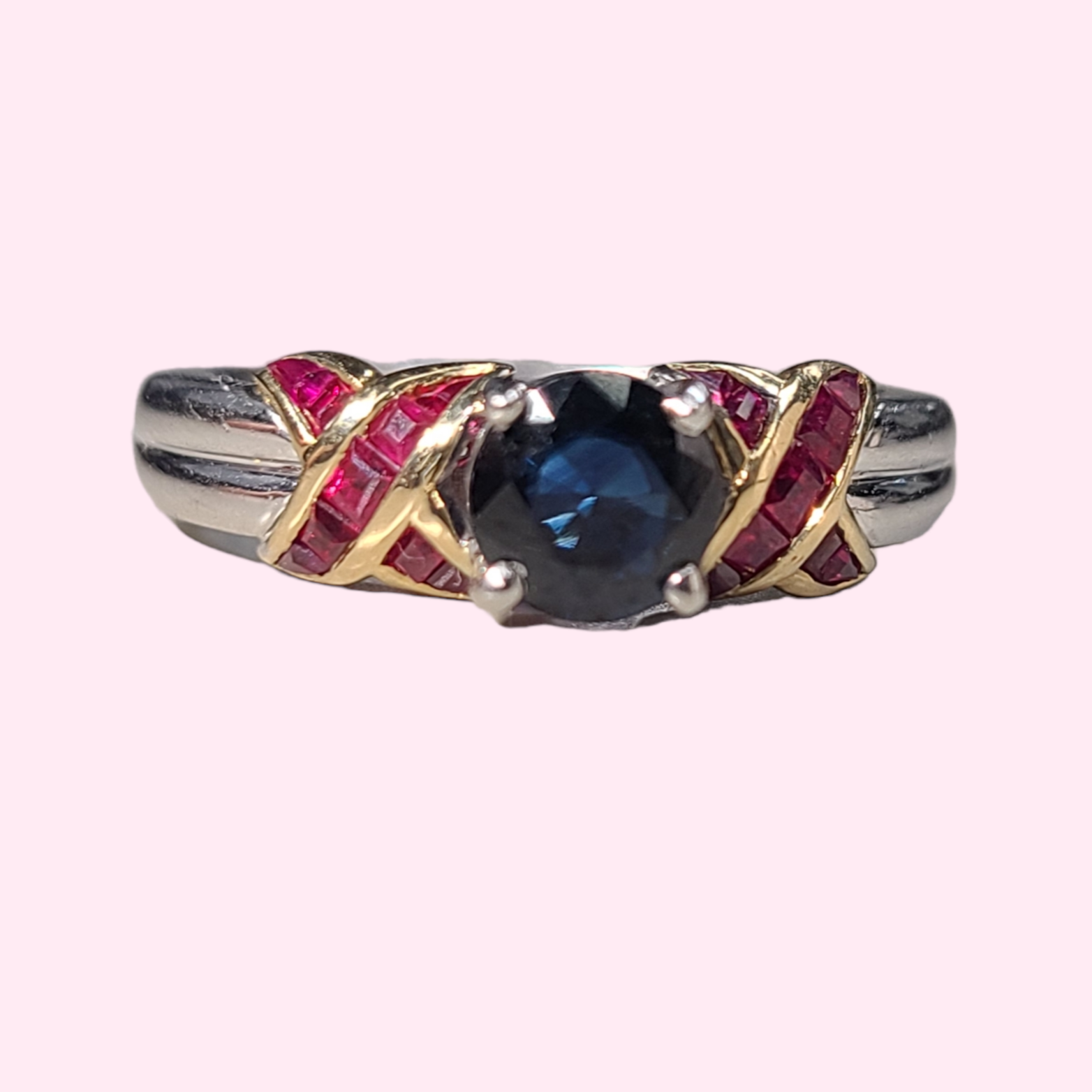 Platinum & 18K Yellow Gold Sapphire and Ruby Ring Size 6.25