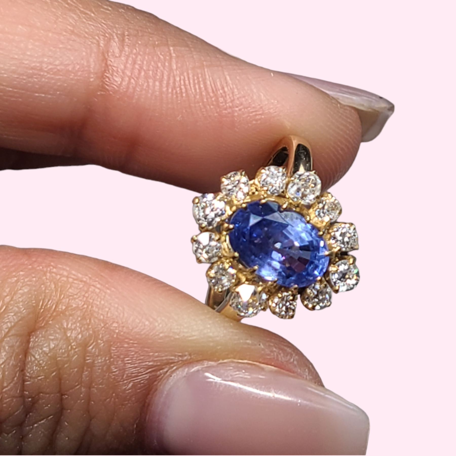 Natural Sapphire & Diamond Halo Ring Size 3
