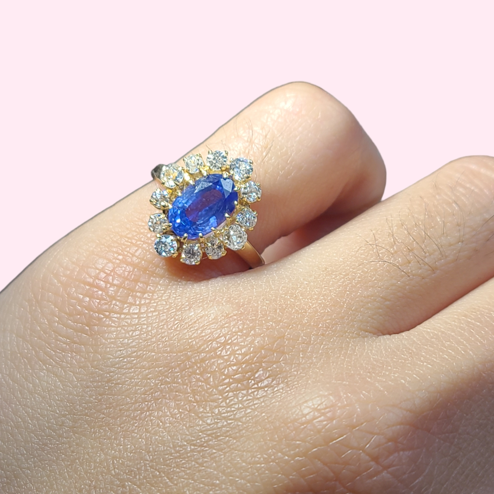 Natural Sapphire & Diamond Halo Ring Size 3