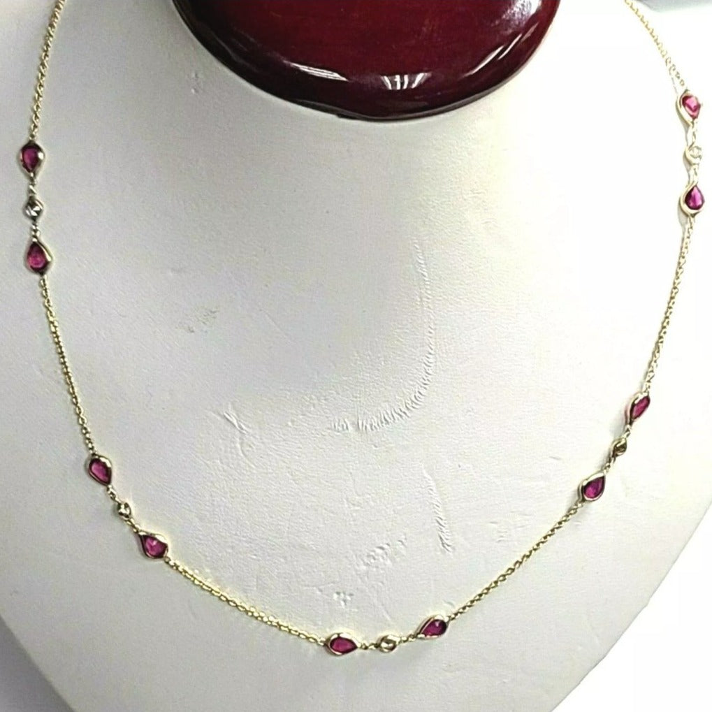 Gorgeous 14K Yellow Gold Pear Ruby and Diamond by the Yard Necklace 16"