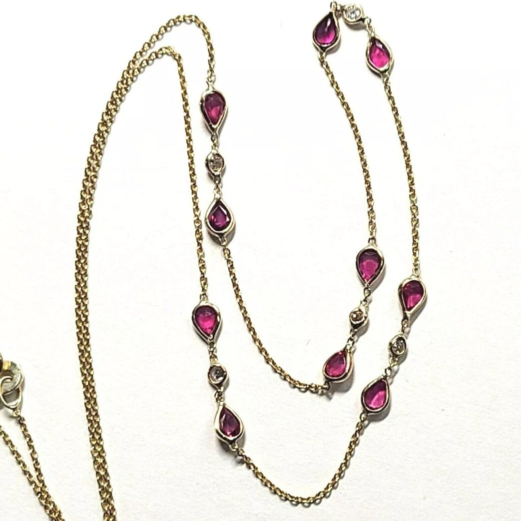 Gorgeous 14K Yellow Gold Pear Ruby and Diamond by the Yard Necklace 16"