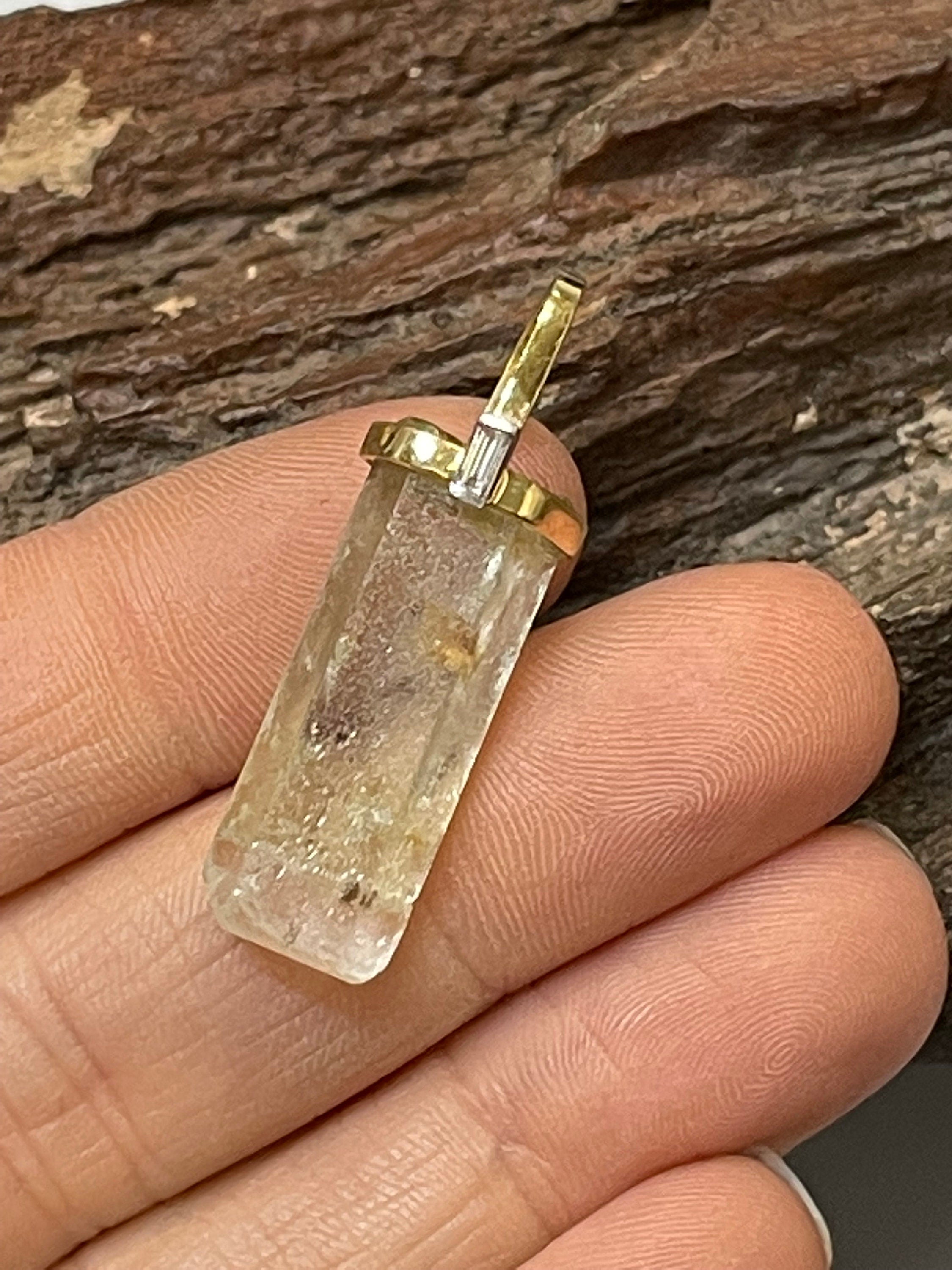 Solid 14K Yellow Gold Natural Rough Aquamarine and Baguette Diamond Pendant Charm