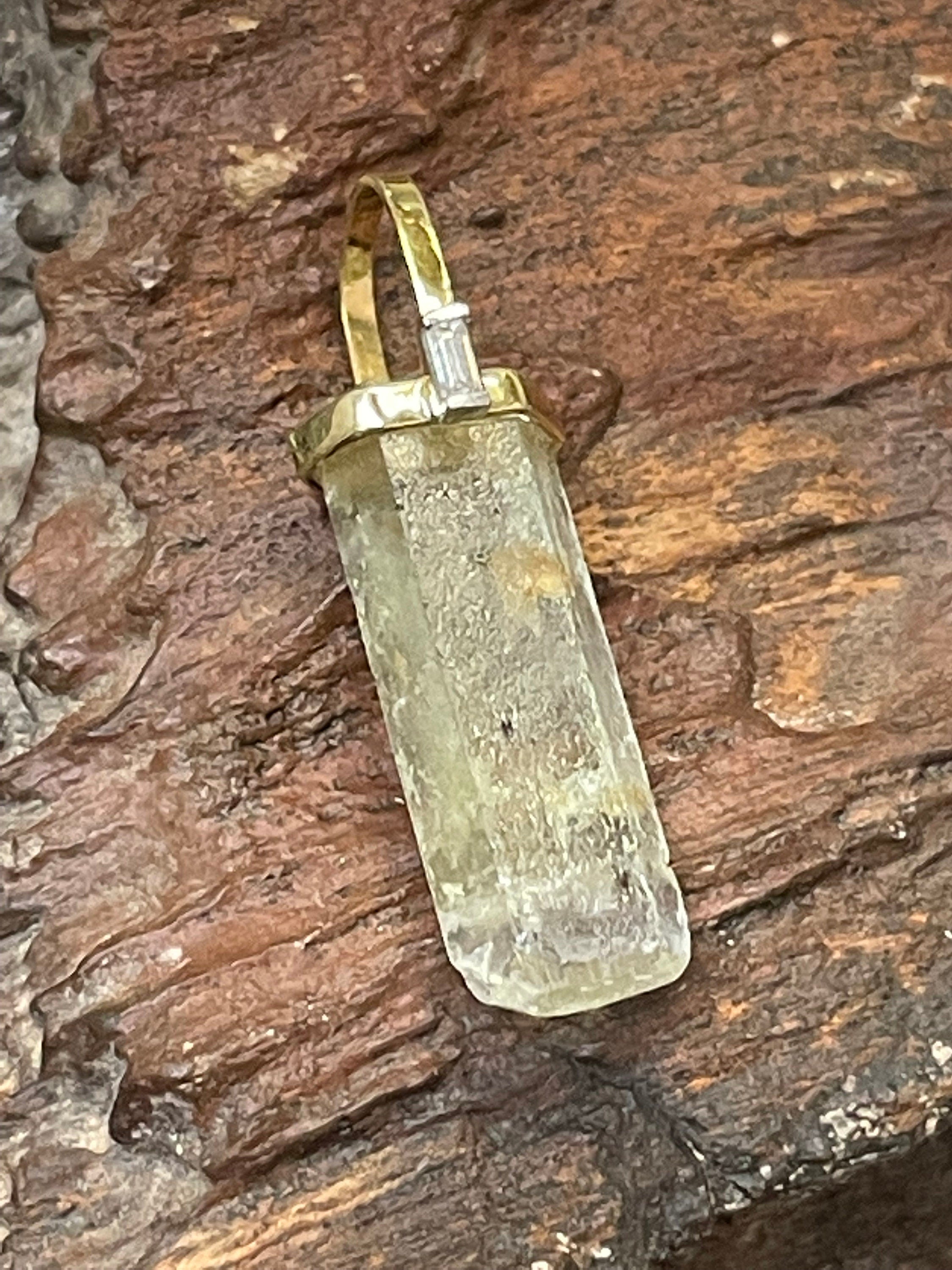 Solid 14K Yellow Gold Natural Rough Aquamarine and Baguette Diamond Pendant Charm