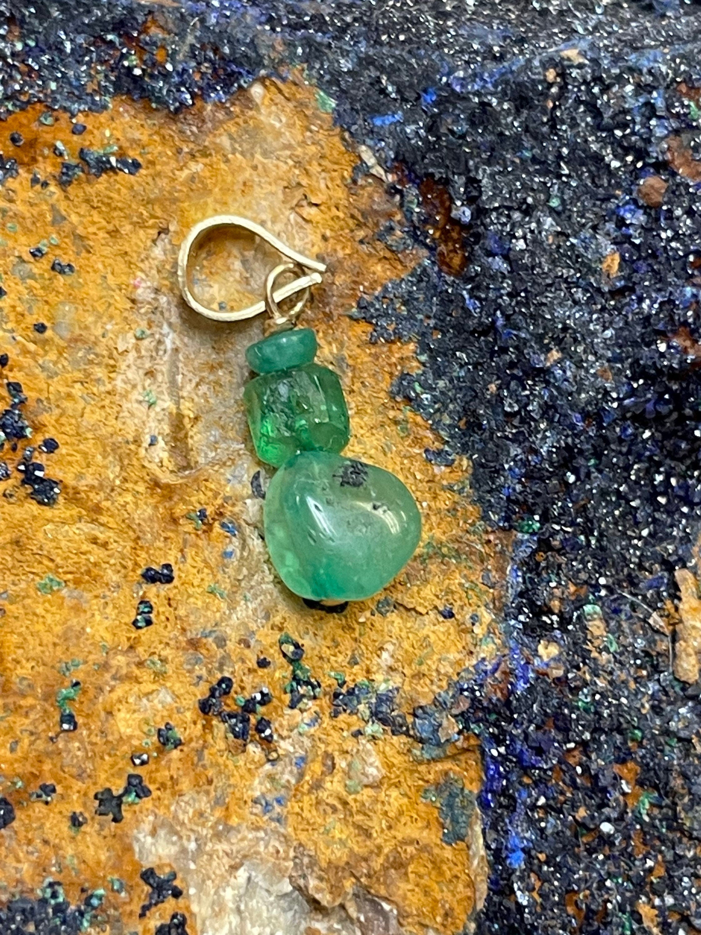 14K Yellow Gold Rough Emerald Bead Pendant OOAK