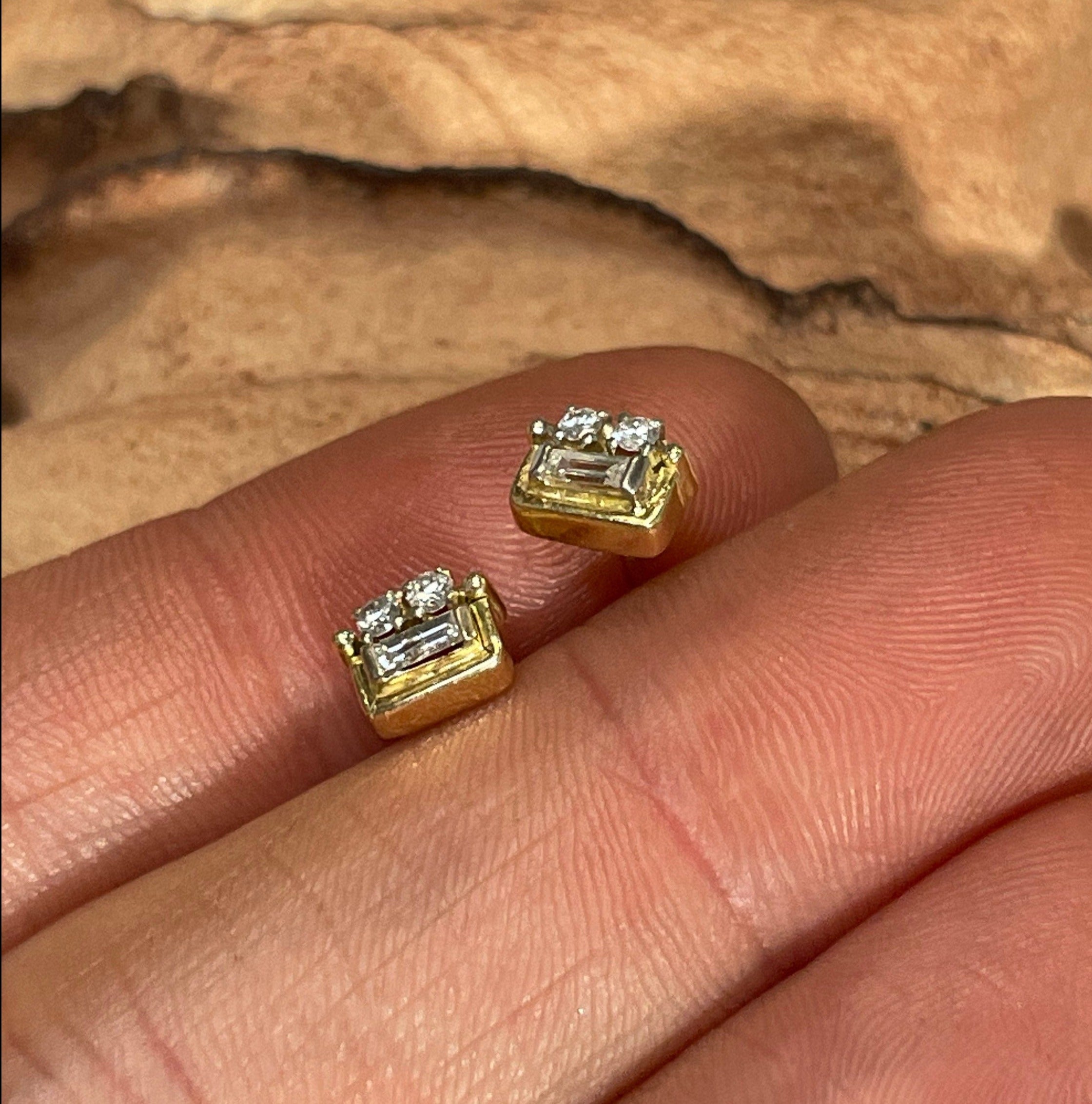 Super Cute and Unique Baguette and Round Diamond 14K Yellow Gold Stud Earrings