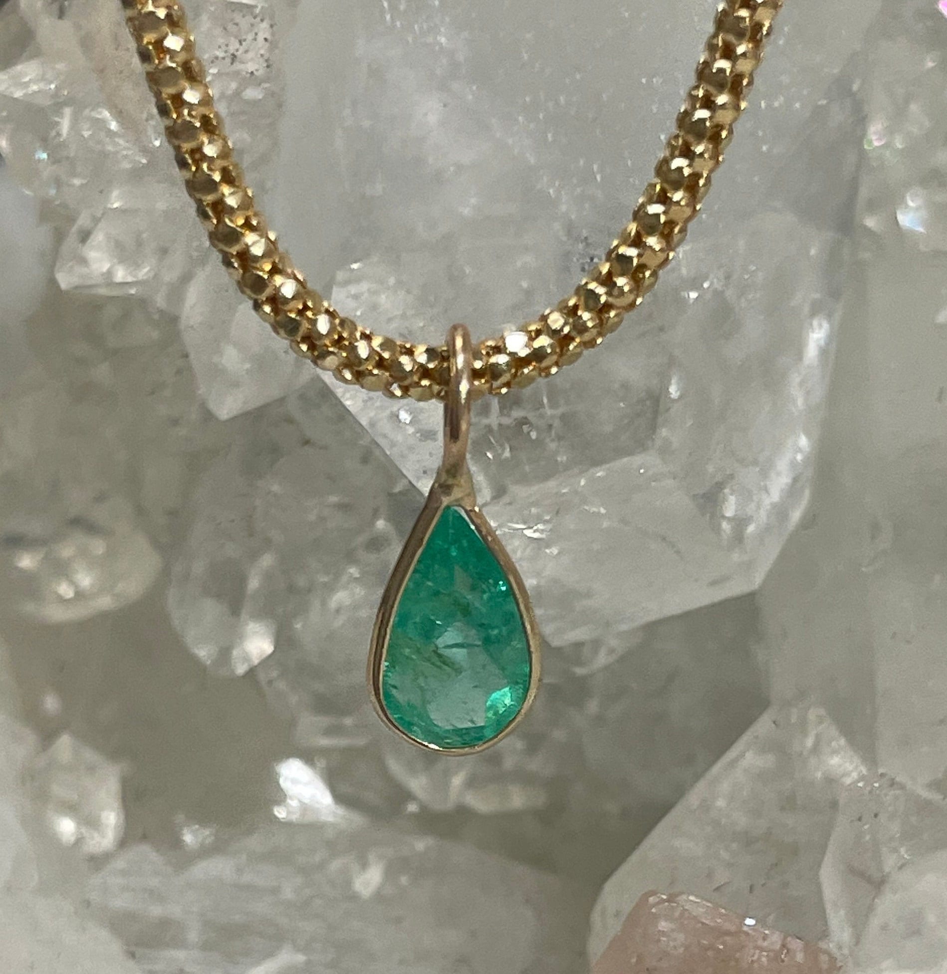 Shimmering! .65CT Natural Colombian Emerald 14K Yellow Gold Bezeled Charm Pendant OOAK 8x5mm
