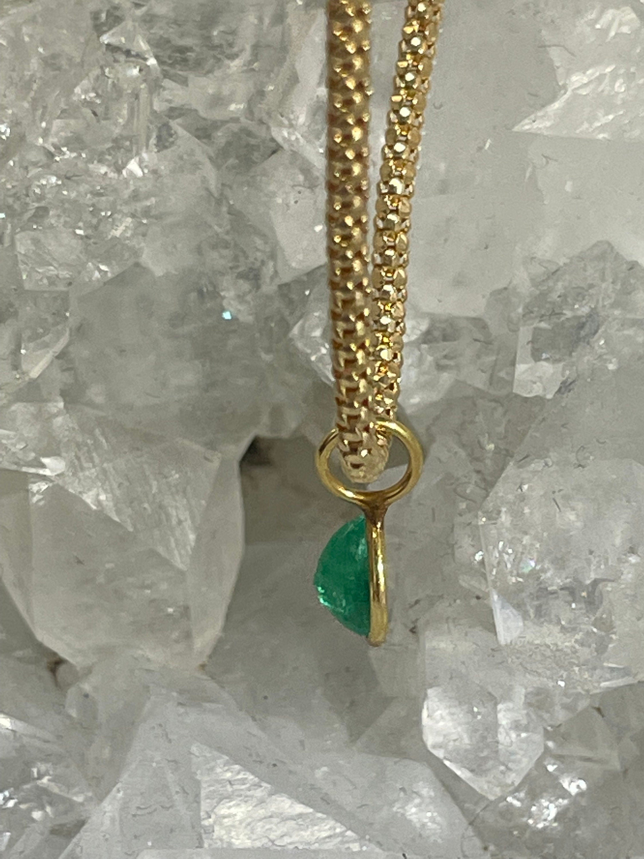 Shimmering! .47CT Natural Colombian Emerald 14K Yellow Gold Bezeled Charm Pendant 11x4mm