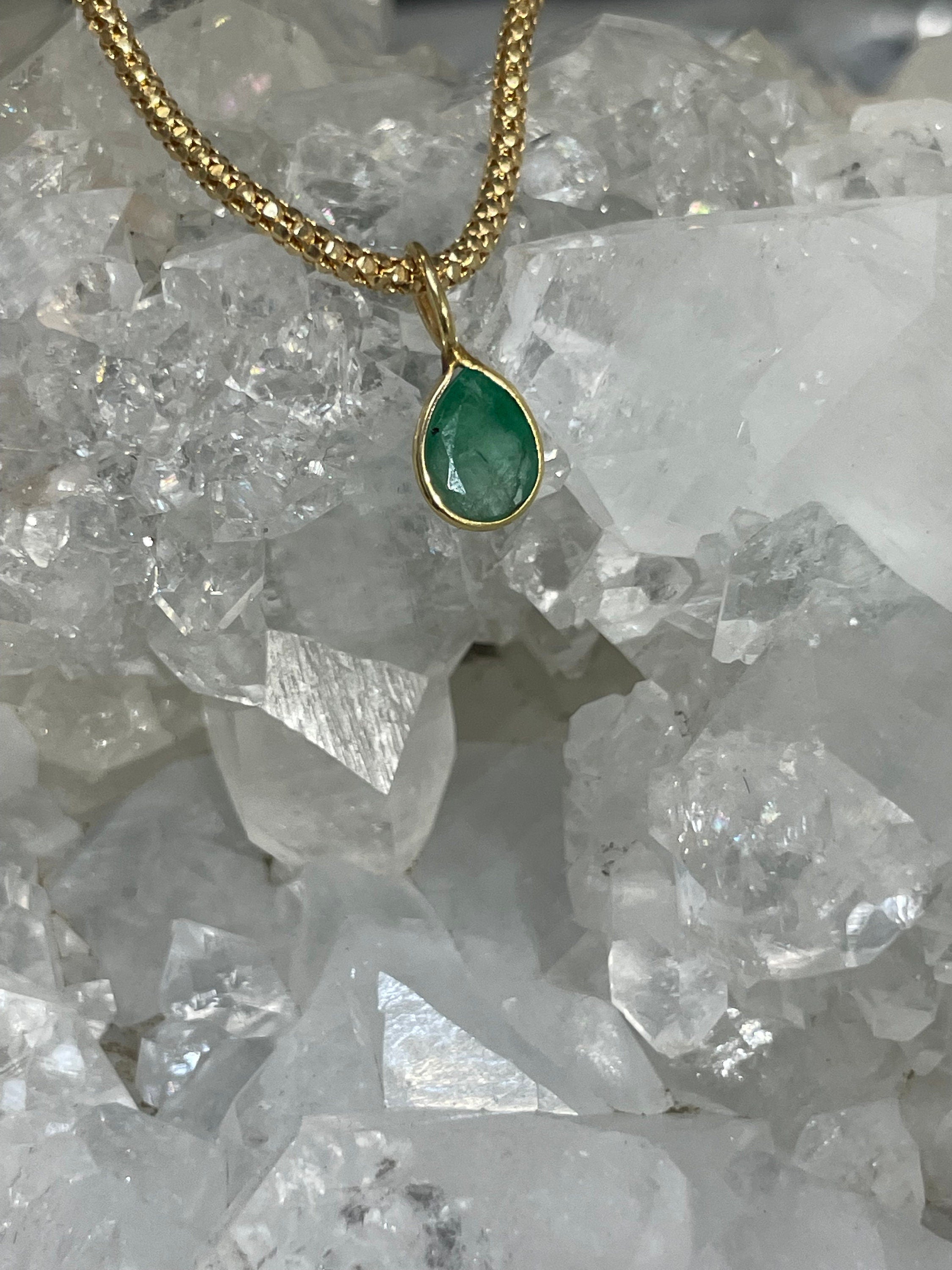 Shimmering! .65CT Natural Colombian Emerald 14K Yellow Gold Bezeled Charm Pendant OOAK 12x5mm