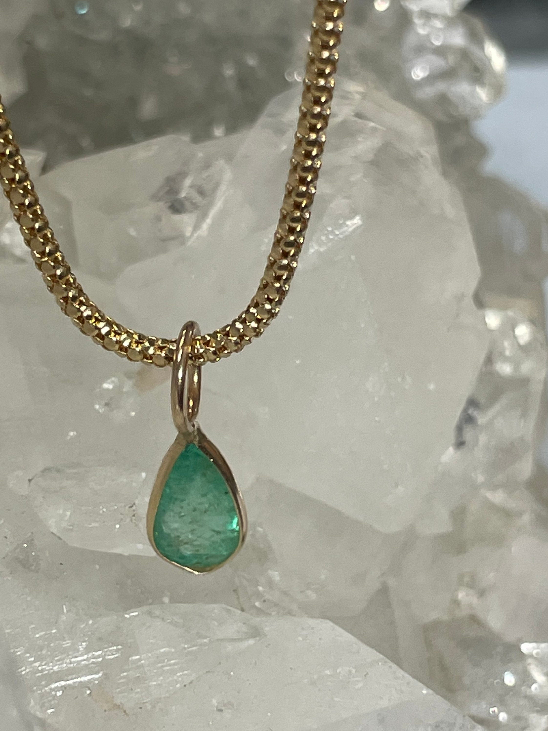 Shimmering! 1CT Natural Colombian Emerald 14K Yellow Gold Bezeled Charm Pendant OOAK 15X5mm