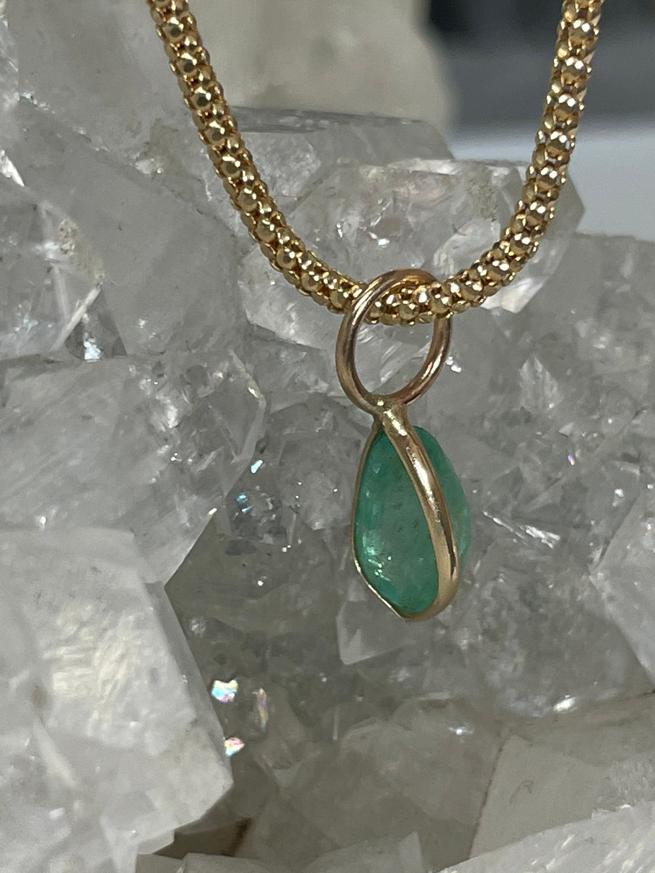 Shimmering! 1CT Natural Colombian Emerald 14K Yellow Gold Bezeled Charm Pendant OOAK 15X5mm