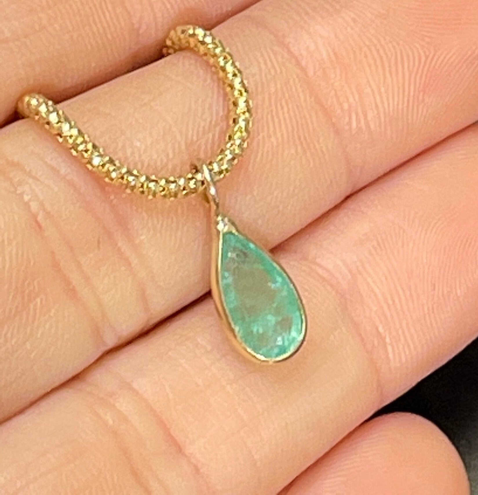 Shimmering! 1.1CT Natural Colombian Emerald 14K Yellow Gold Bezeled Charm Pendant OOAK 15X5mm