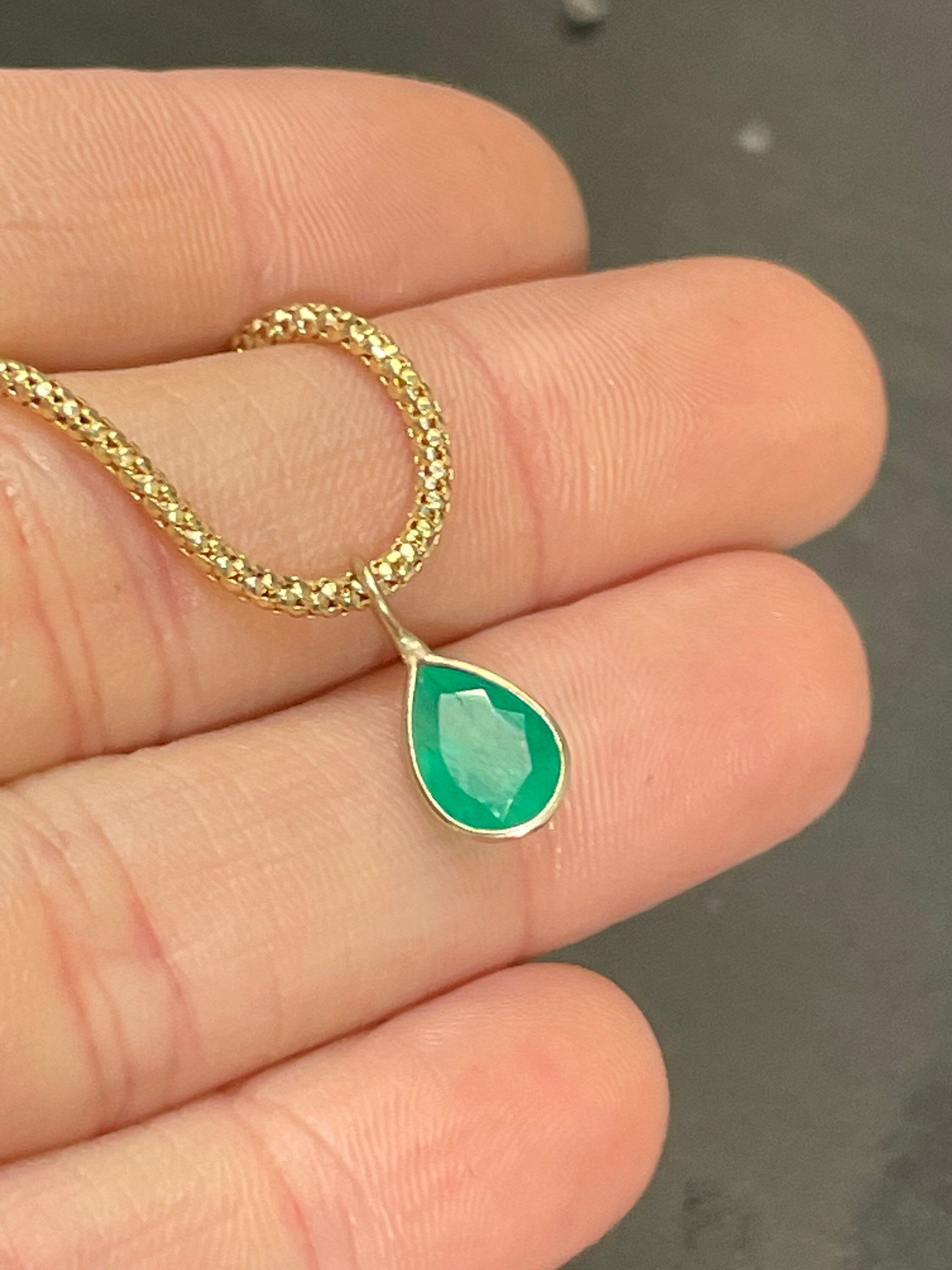 Shimmering! .95CT Natural Colombian Emerald 14K Yellow Gold Bezeled Charm Pendant OOAK 15X5mm