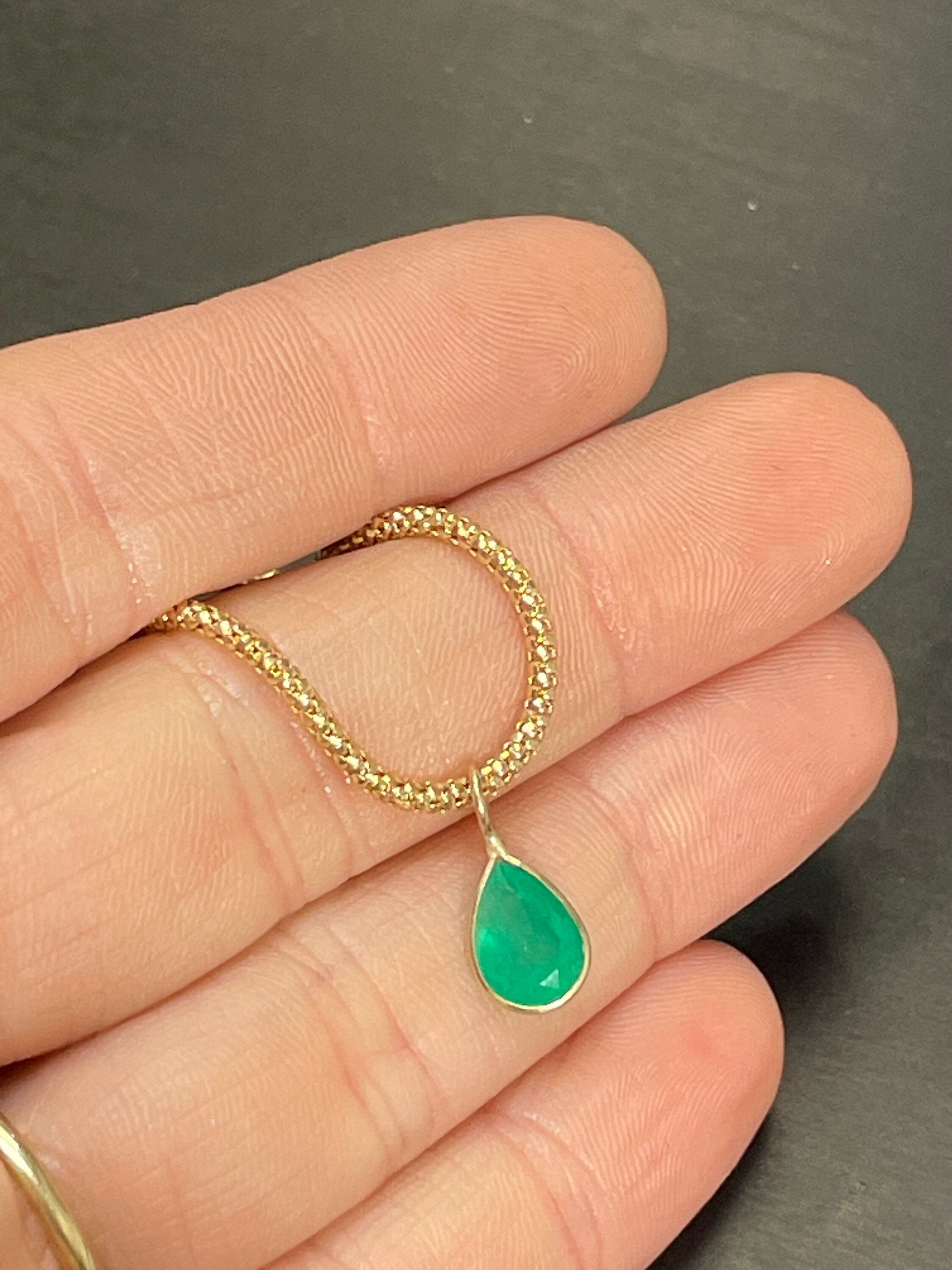 Shimmering! .95CT Natural Colombian Emerald 14K Yellow Gold Bezeled Charm Pendant OOAK 15X5mm