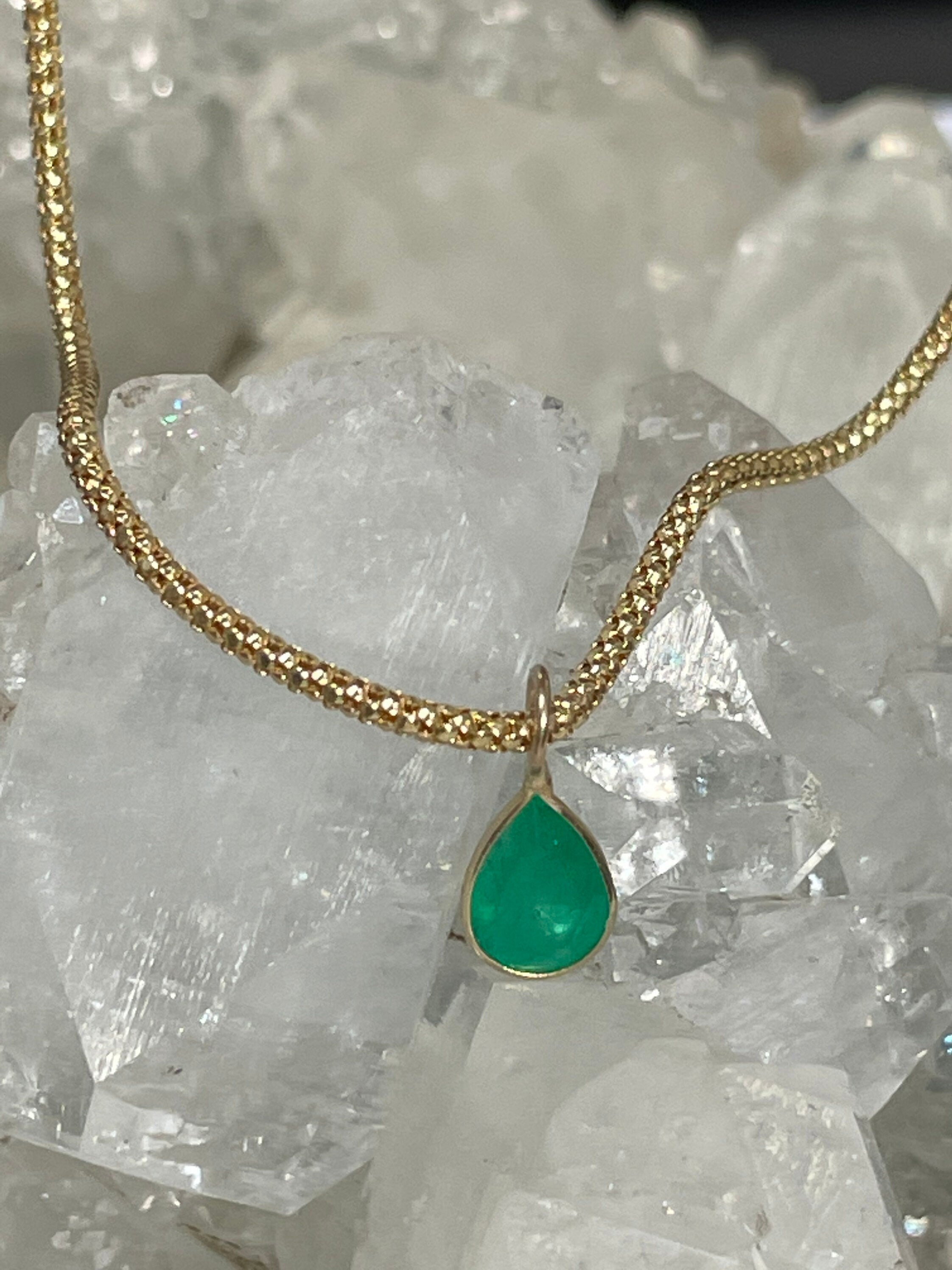 Shimmering! .95CT Natural Colombian Emerald 14K Yellow Gold Bezeled Charm Pendant OOAK 15X5mm