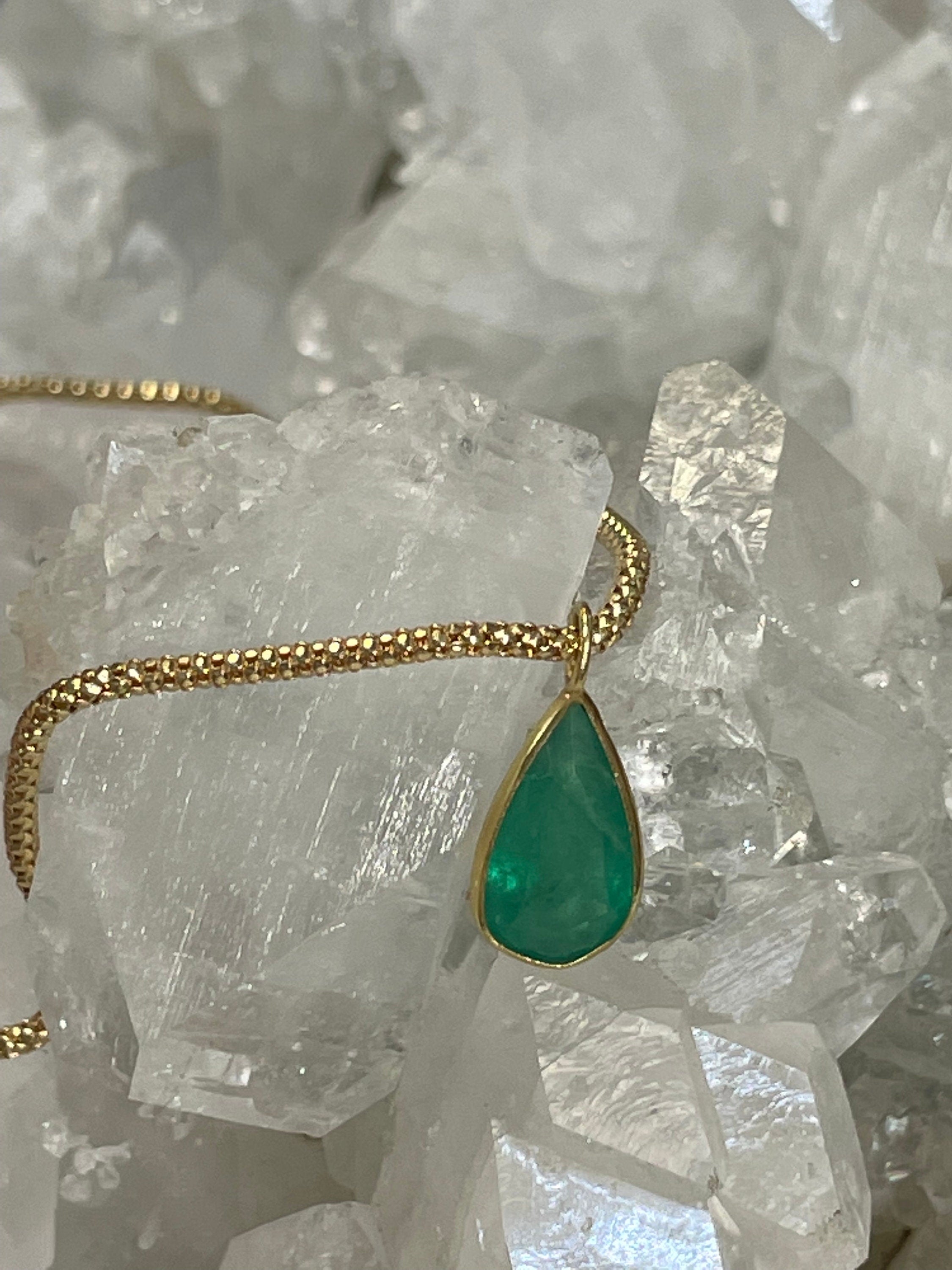 Shimmering! 2.6CT Natural Colombian Emerald 14K Yellow Gold Bezeled Charm Pendant OOAK 17x7mm