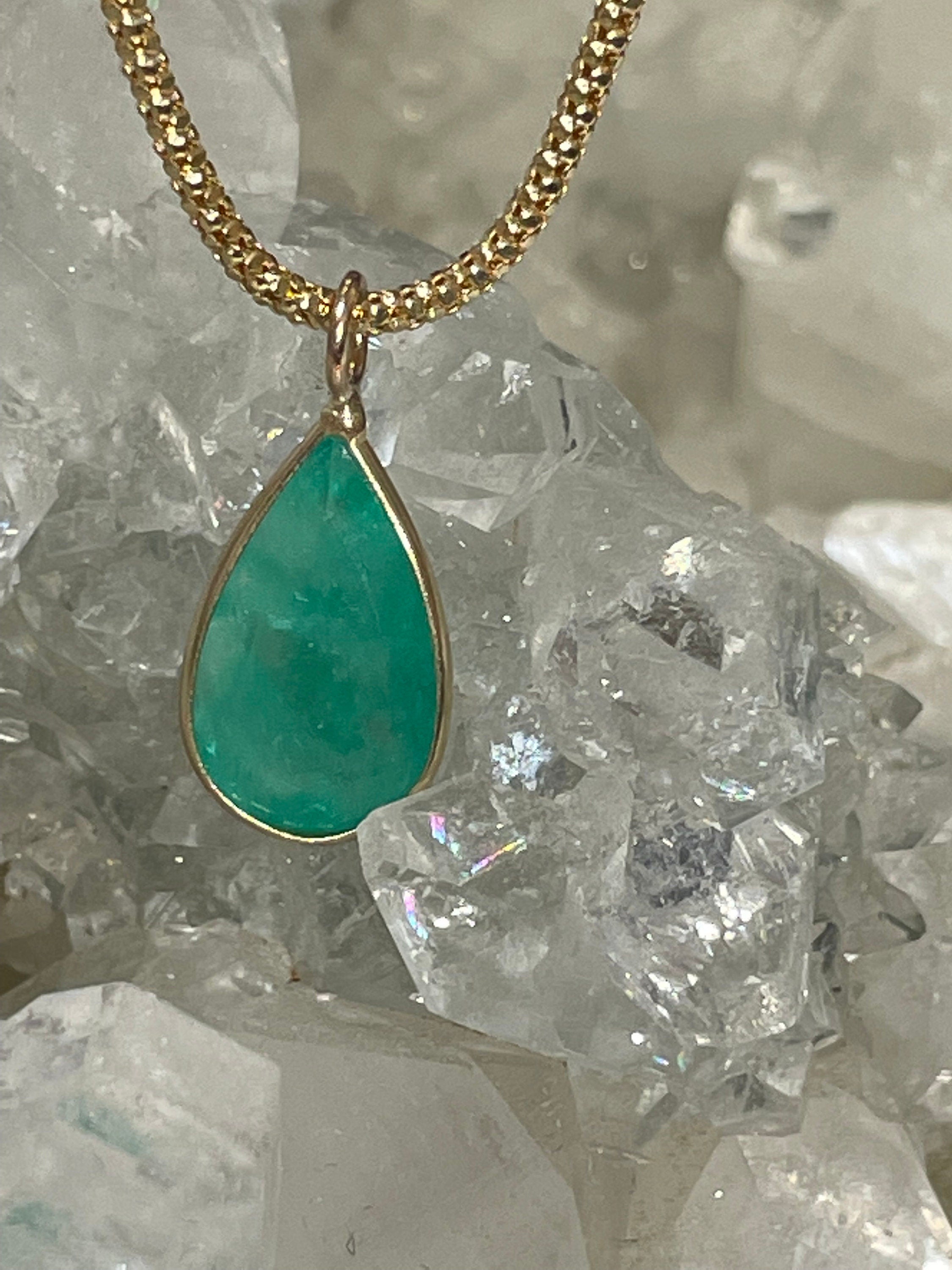 Glowing Green 4.5CT Natural Colombian Emerald 14K Yellow Gold Bezeled Charm Pendant OOAK 17x8mm