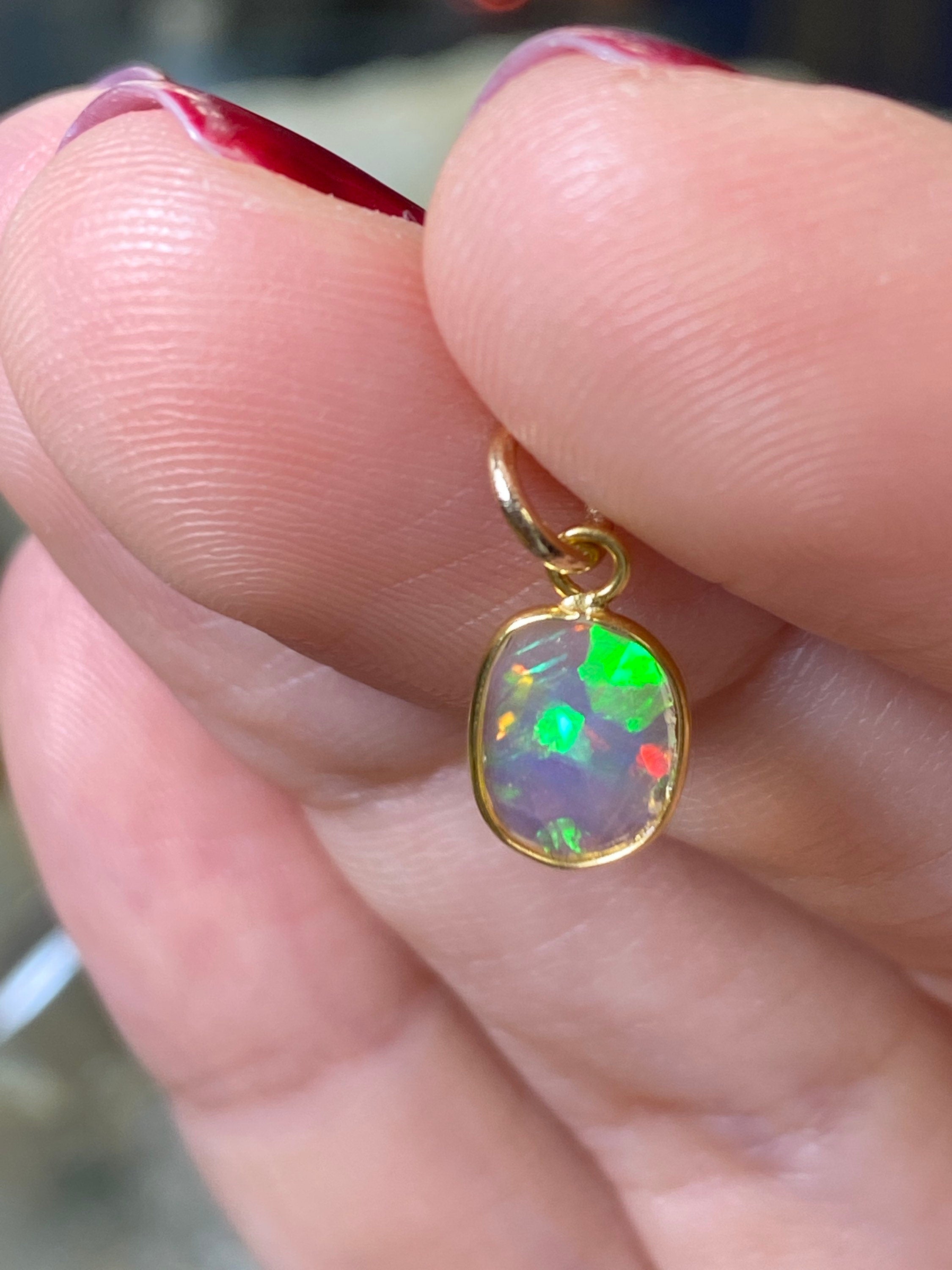 Shimmering Opal Bezeled in Solid 14K Yellow Gold Pendant Charm 15x7mm