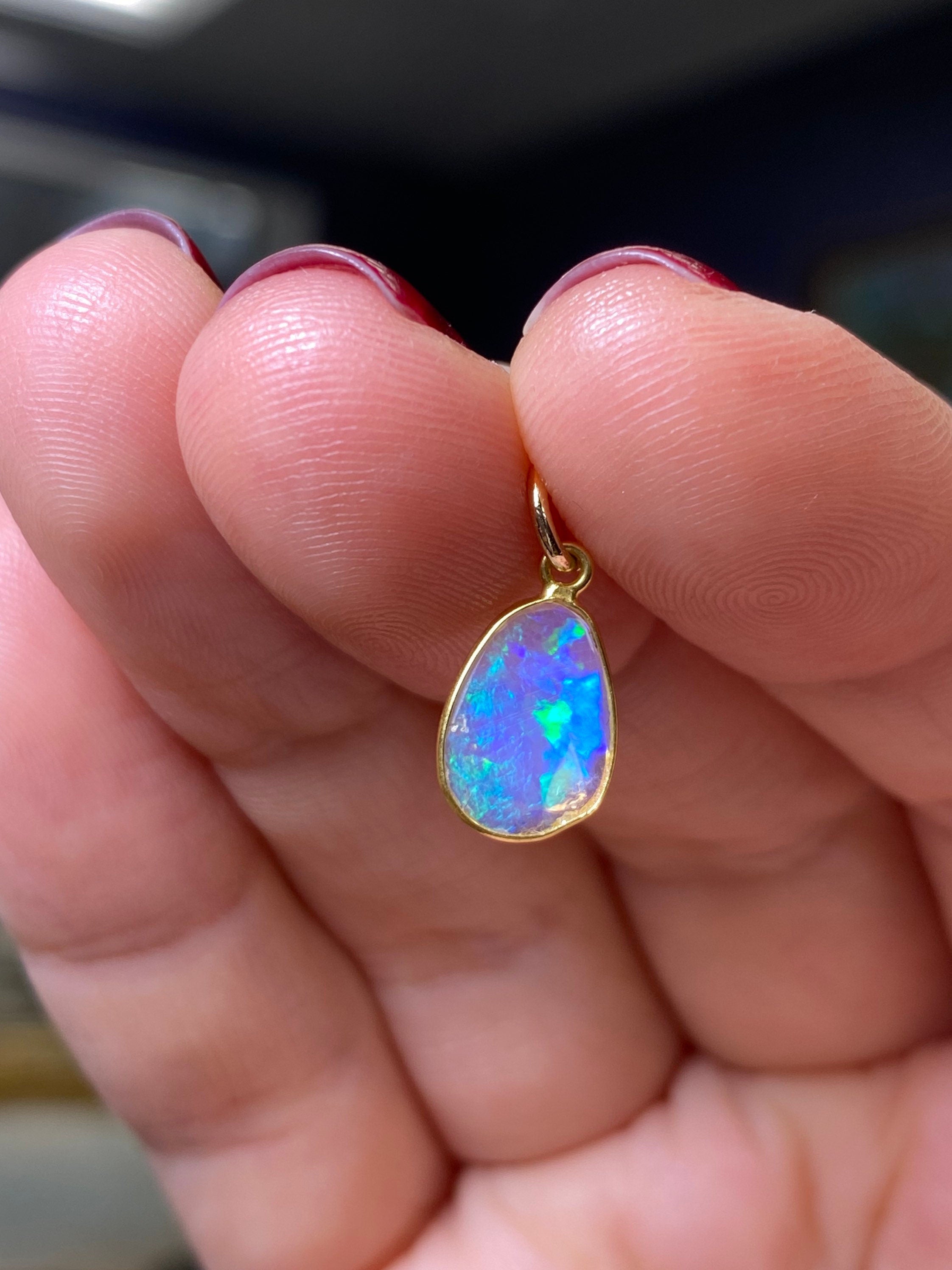 Opal Bezeled in Solid 14K Yellow Gold Pendant Charm 16x7mm