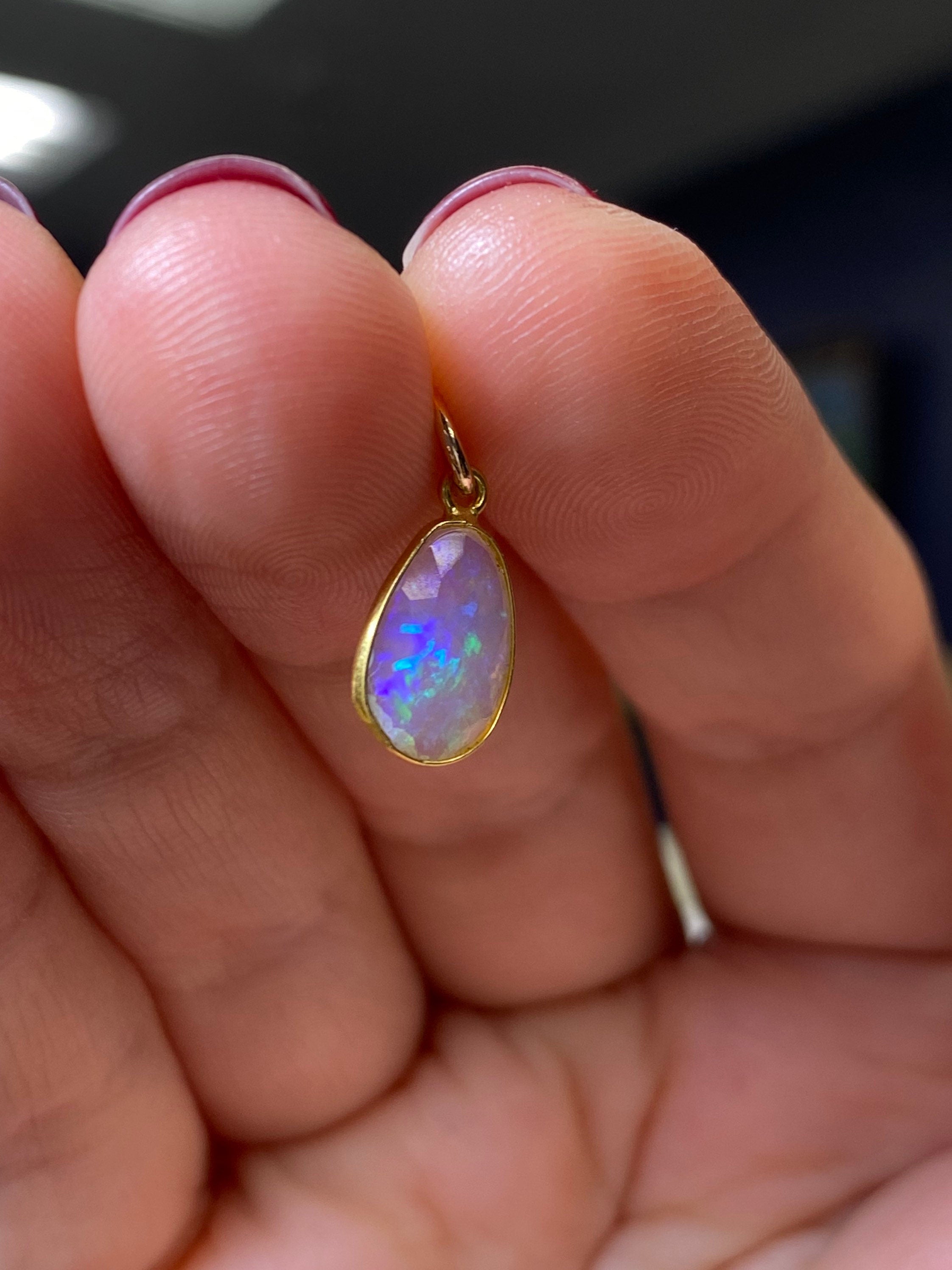 Opal Bezeled in Solid 14K Yellow Gold Pendant Charm 16x7mm