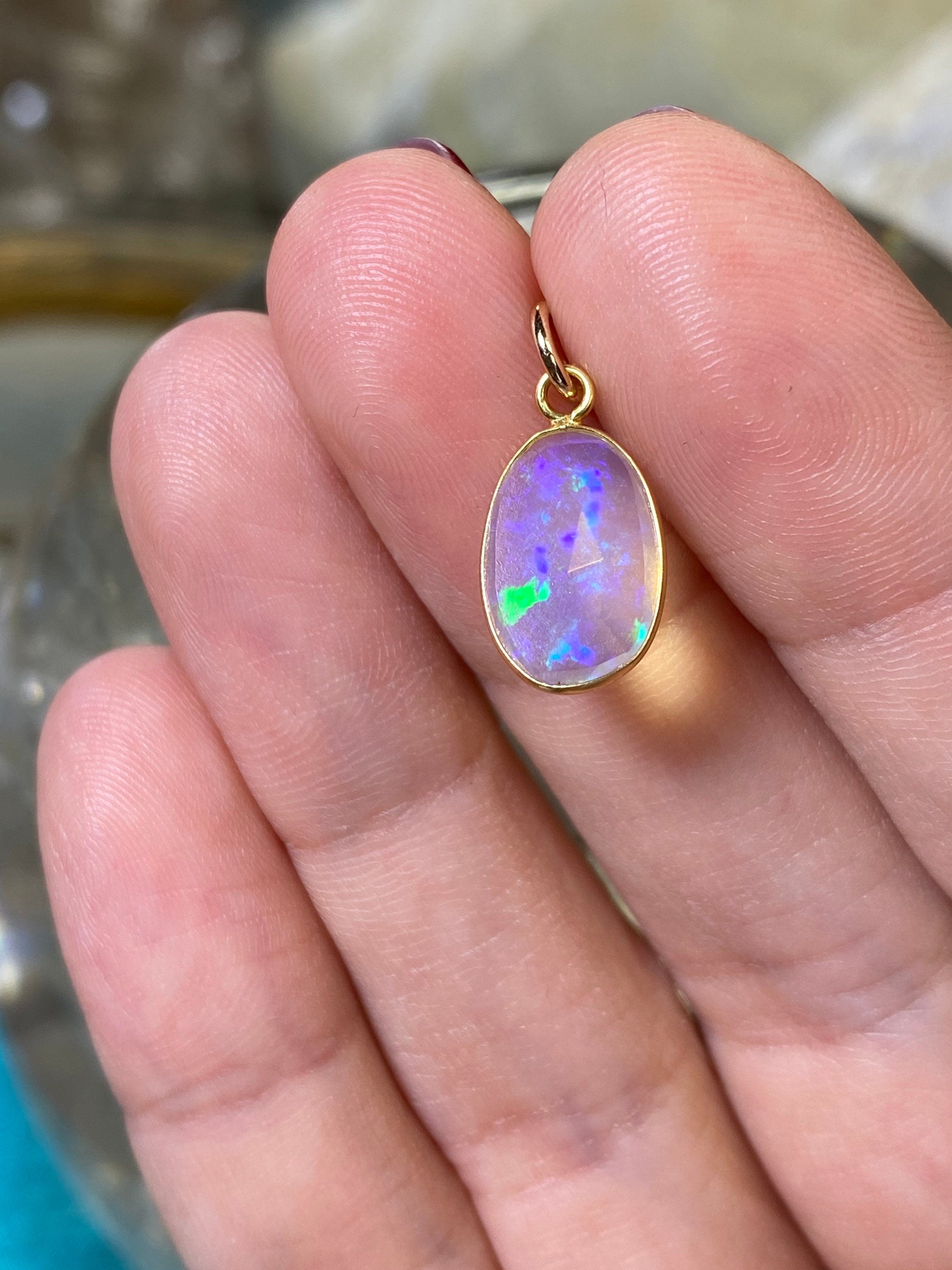 Opal Bezeled in Solid 14K Yellow Gold Pendant Charm 19x9mm